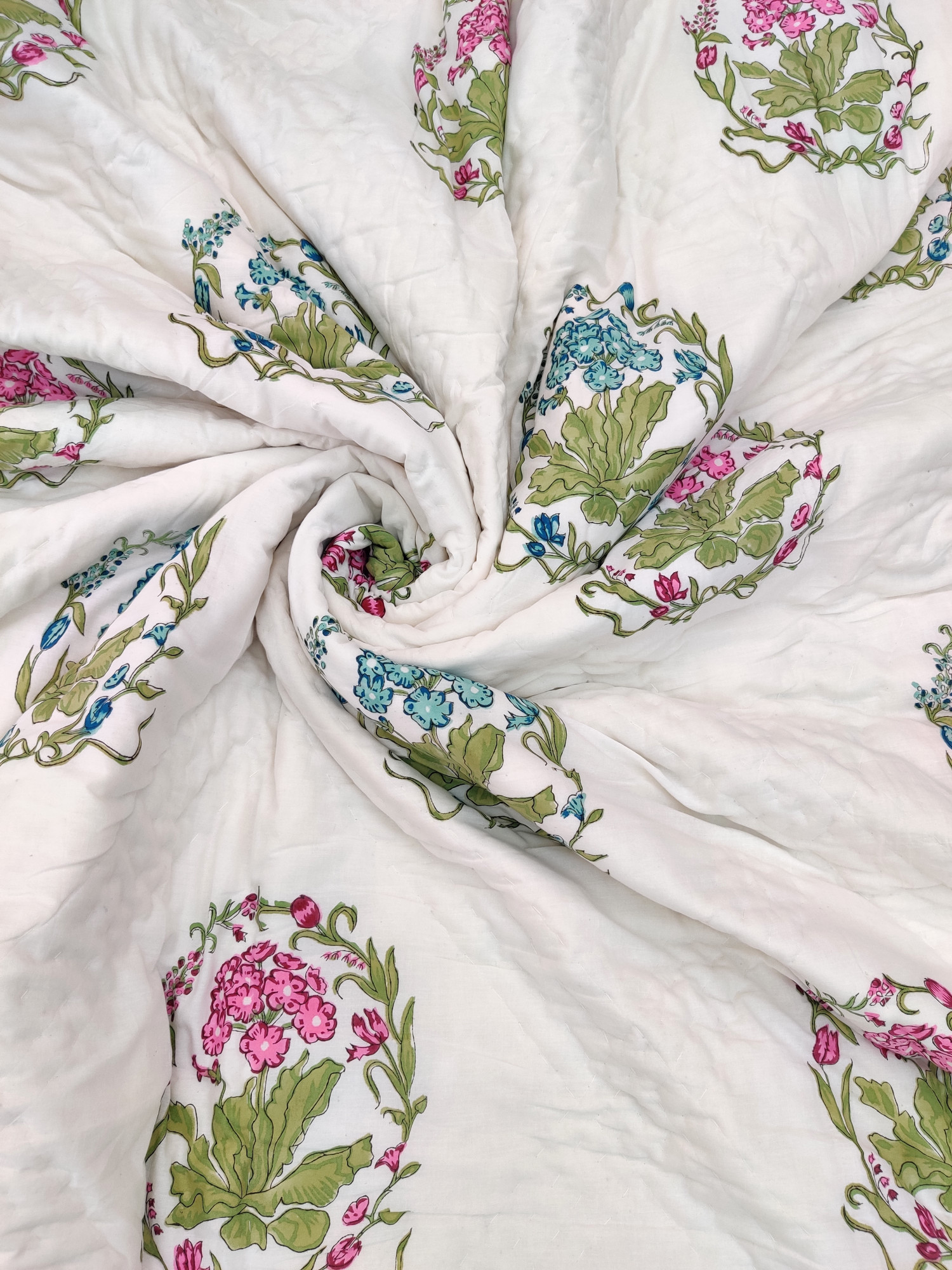 Hand Block Print Mulmul Quilt - Aqua Multiblock Soft Jaipuri Razai Double