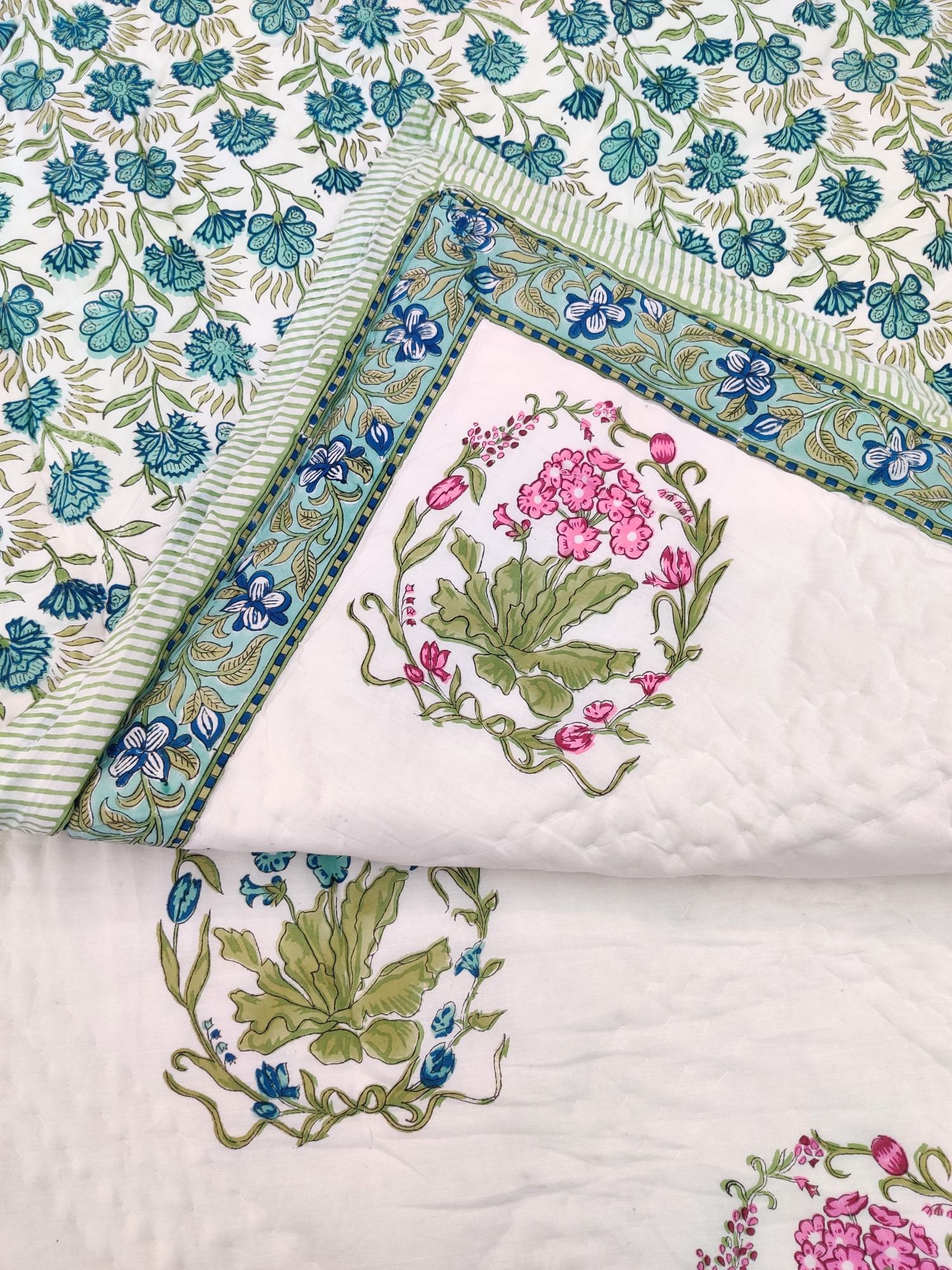 Hand Block Print Mulmul Quilt - Aqua Multiblock Soft Jaipuri Razai Double
