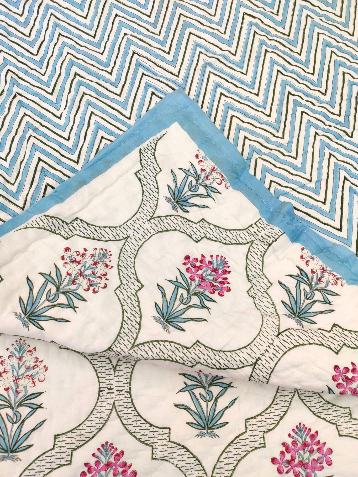 Hand Block Print Mulmul Quilt - Floral Whisper Soft Jaipuri Razai Double
