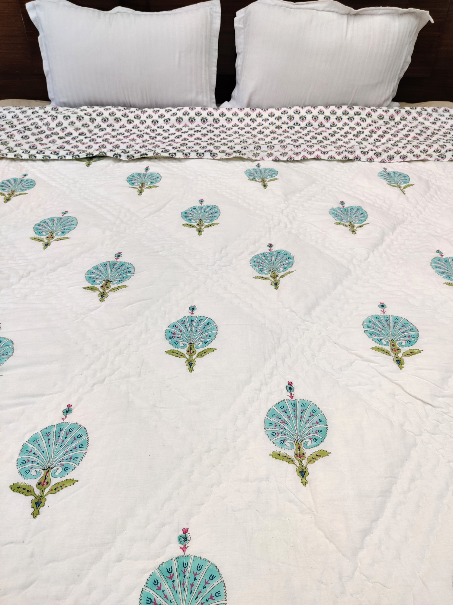 Hand Block Print Mulmul Quilt - Blue Feather Soft Jaipuri Razai Double