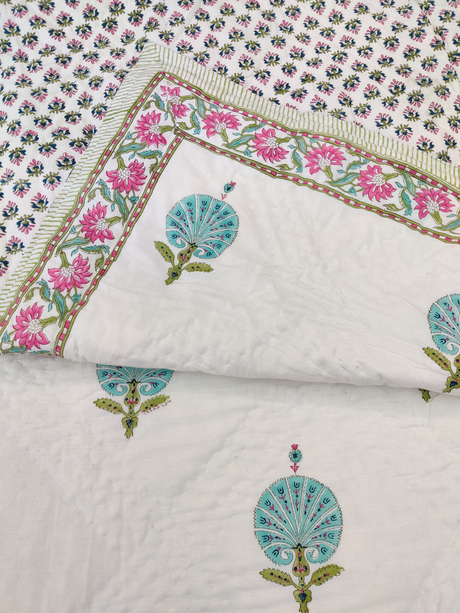 Hand Block Print Mulmul Quilt - Blue Feather Soft Jaipuri Razai Double