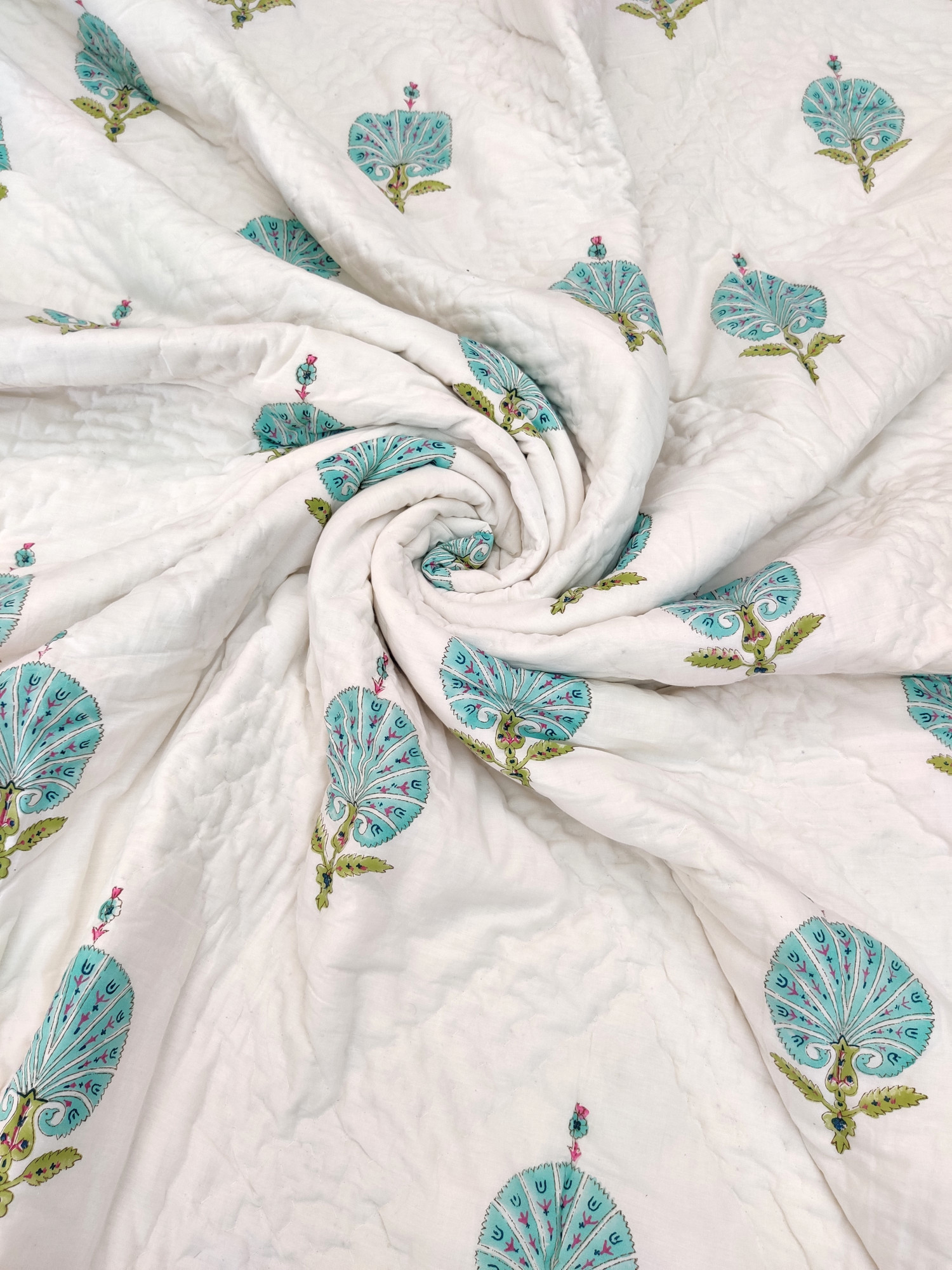 Hand Block Print Mulmul Quilt - Blue Feather Soft Jaipuri Razai Double