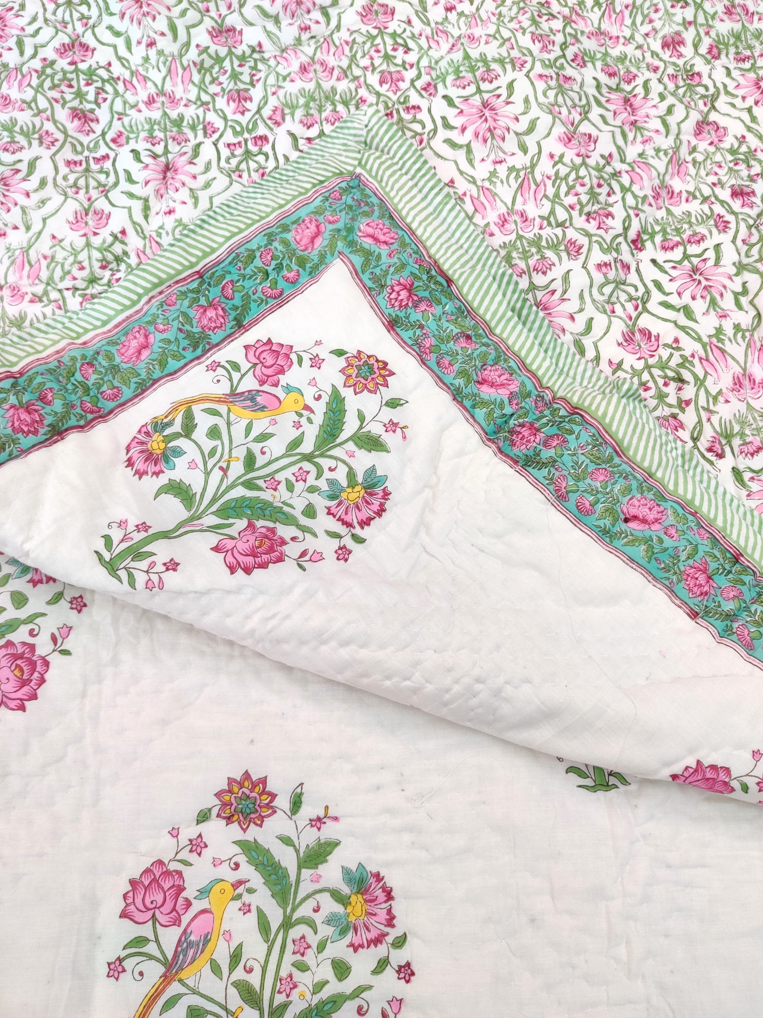 Hand Block Print Mulmul Quilt - Summer Floral Soft Jaipuri Razai Double