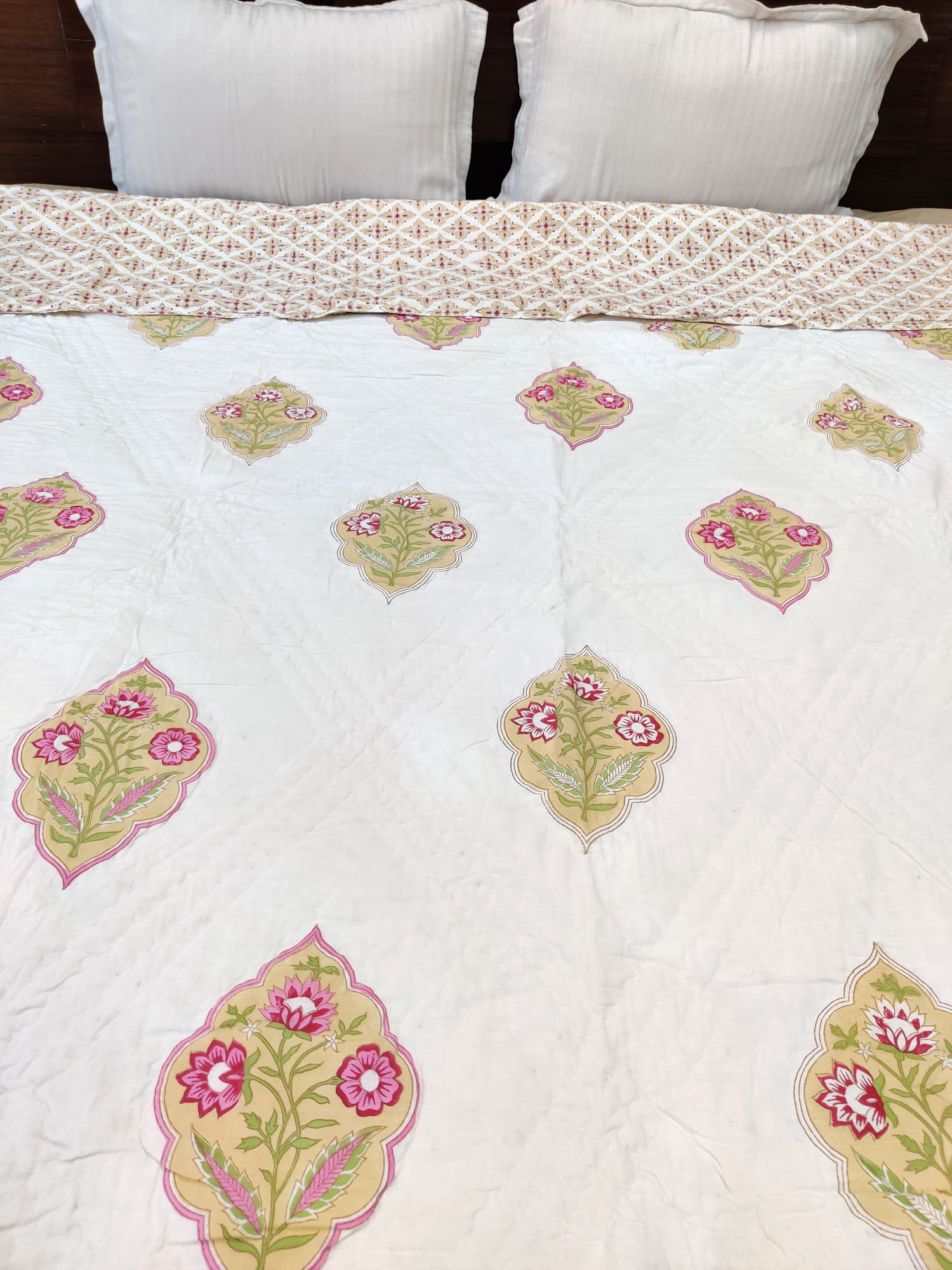 Hand Block Print Mulmul Quilt - Yellow Pink Motifs Soft Jaipuri Razai Double