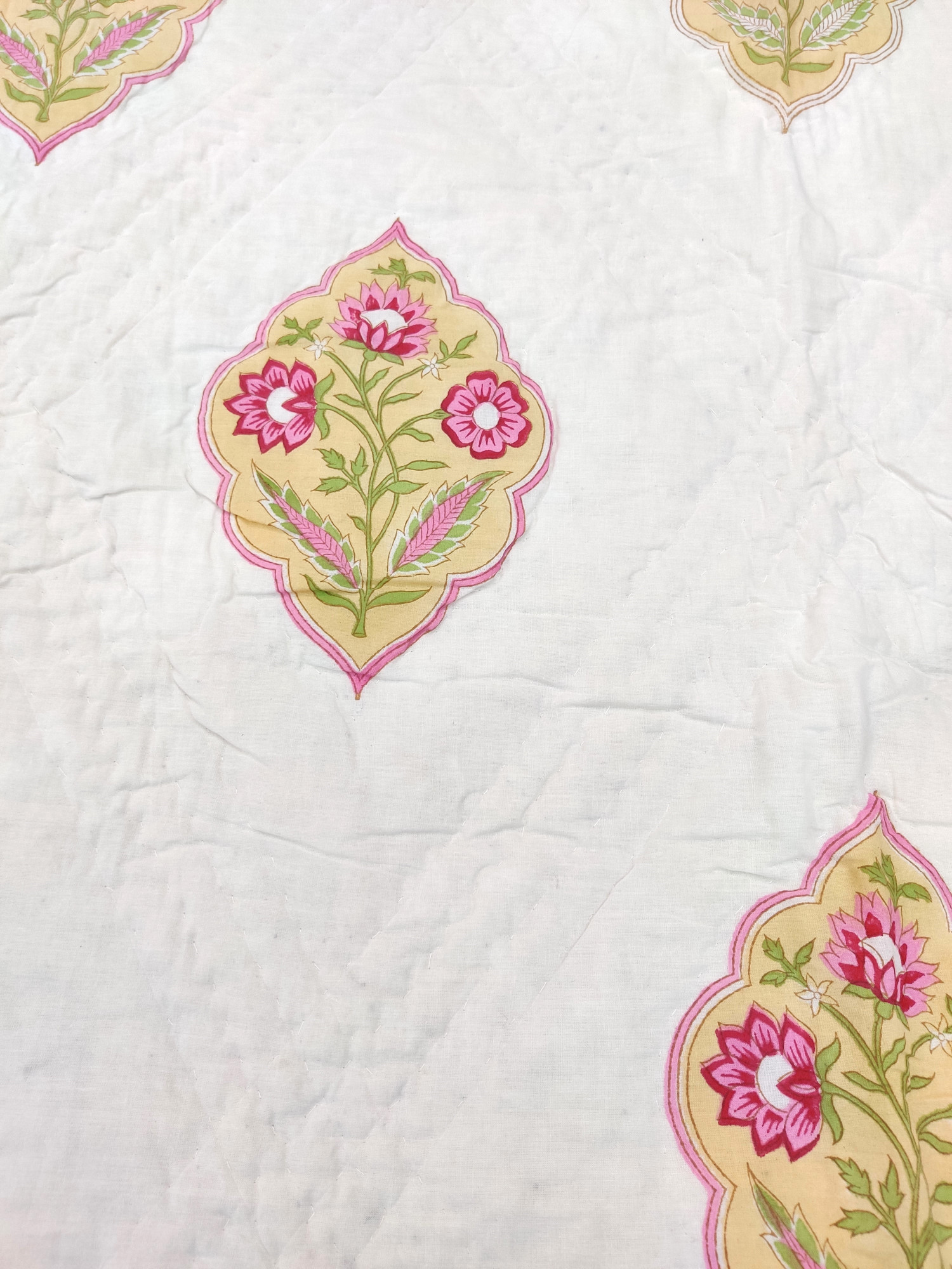 Hand Block Print Mulmul Quilt - Yellow Pink Motifs Soft Jaipuri Razai Double