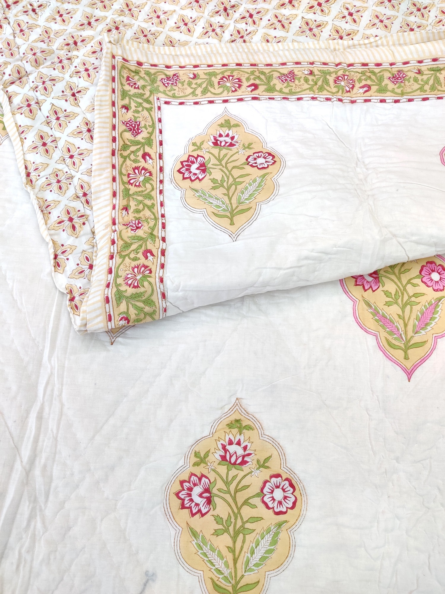 Hand Block Print Mulmul Quilt - Yellow Pink Motifs Soft Jaipuri Razai Double