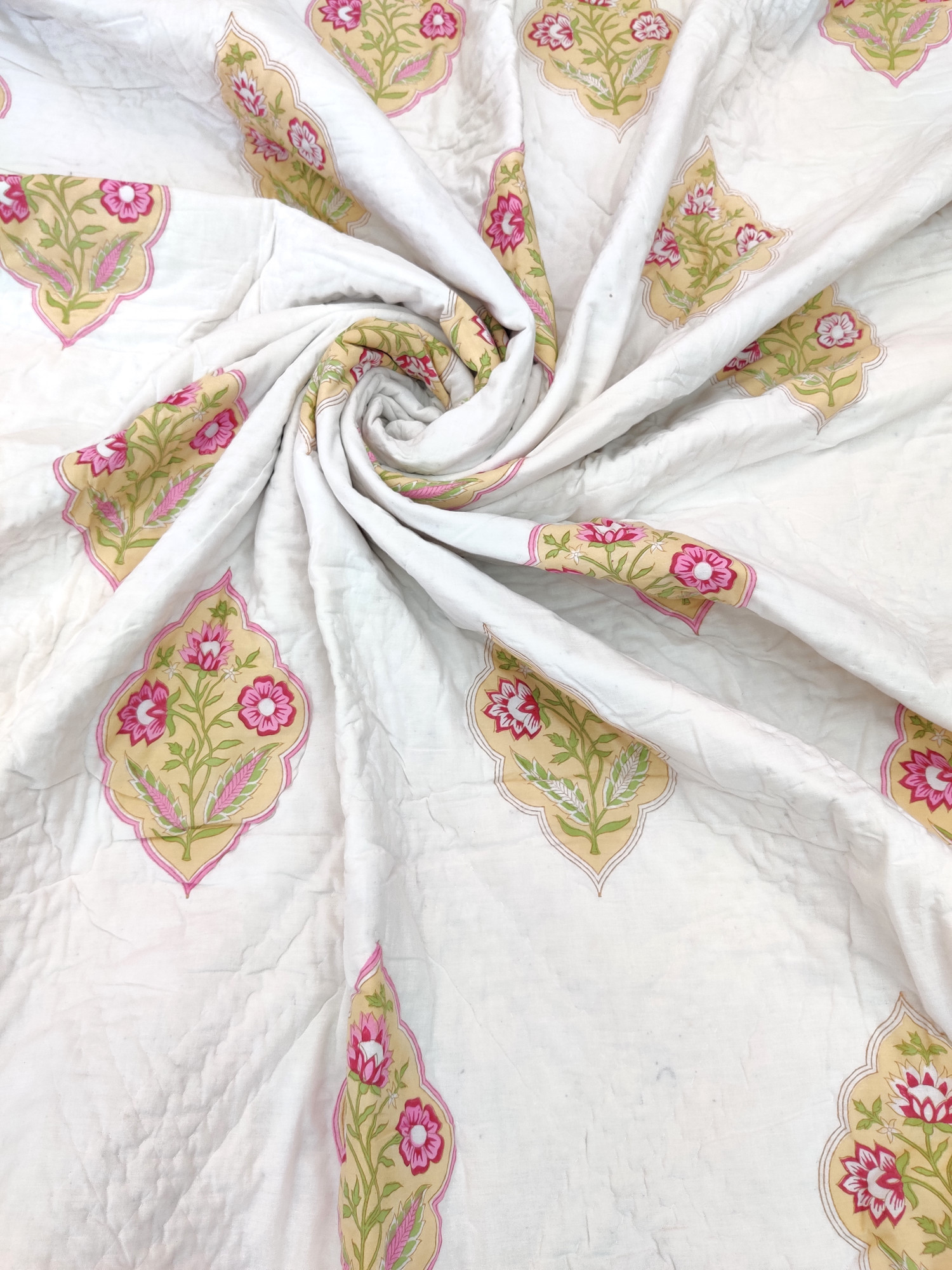 Hand Block Print Mulmul Quilt - Yellow Pink Motifs Soft Jaipuri Razai Double