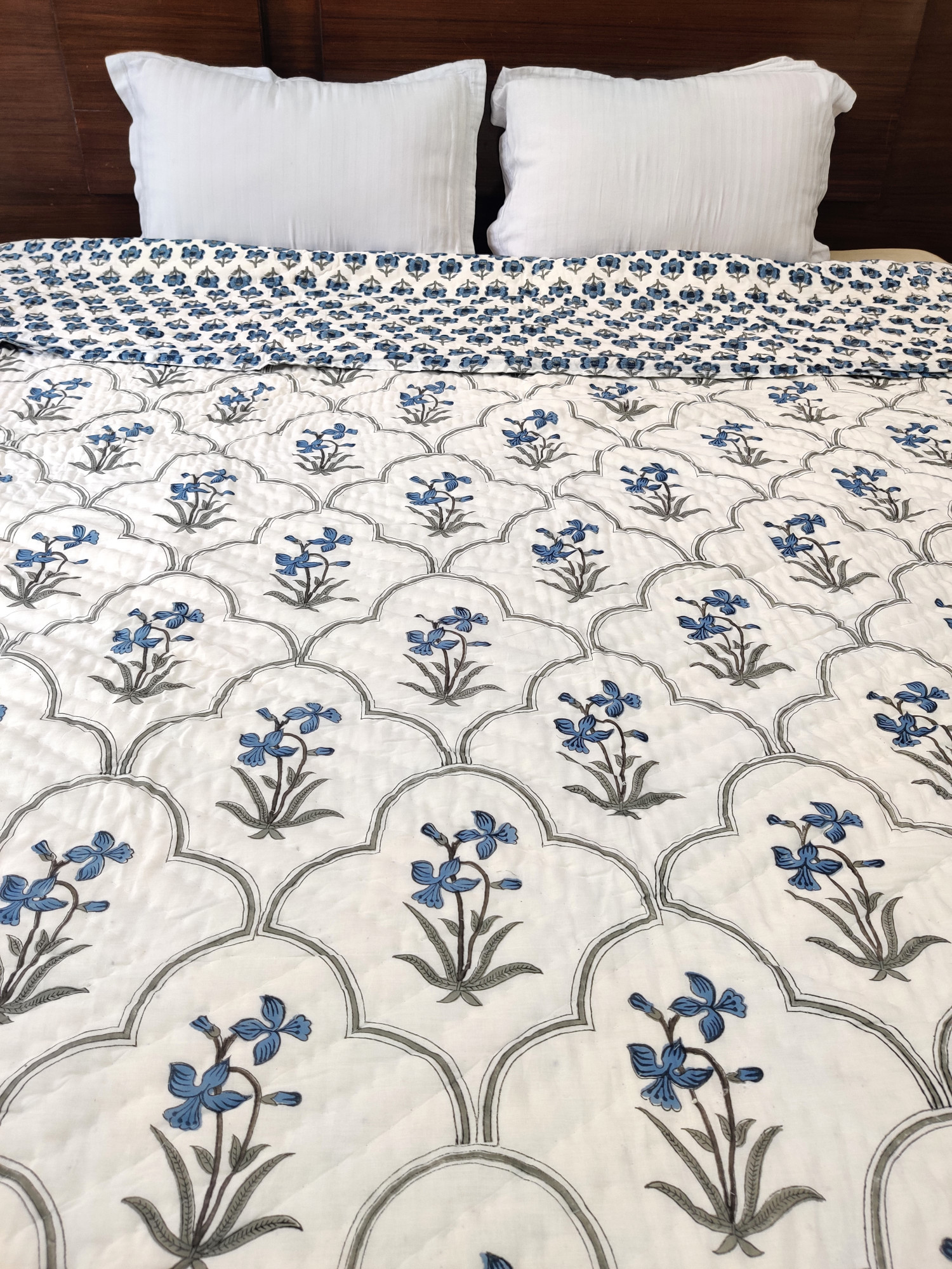 Hand Block Print Mulmul Quilt - Blue Blossom Jaal Soft Jaipuri Razai Double