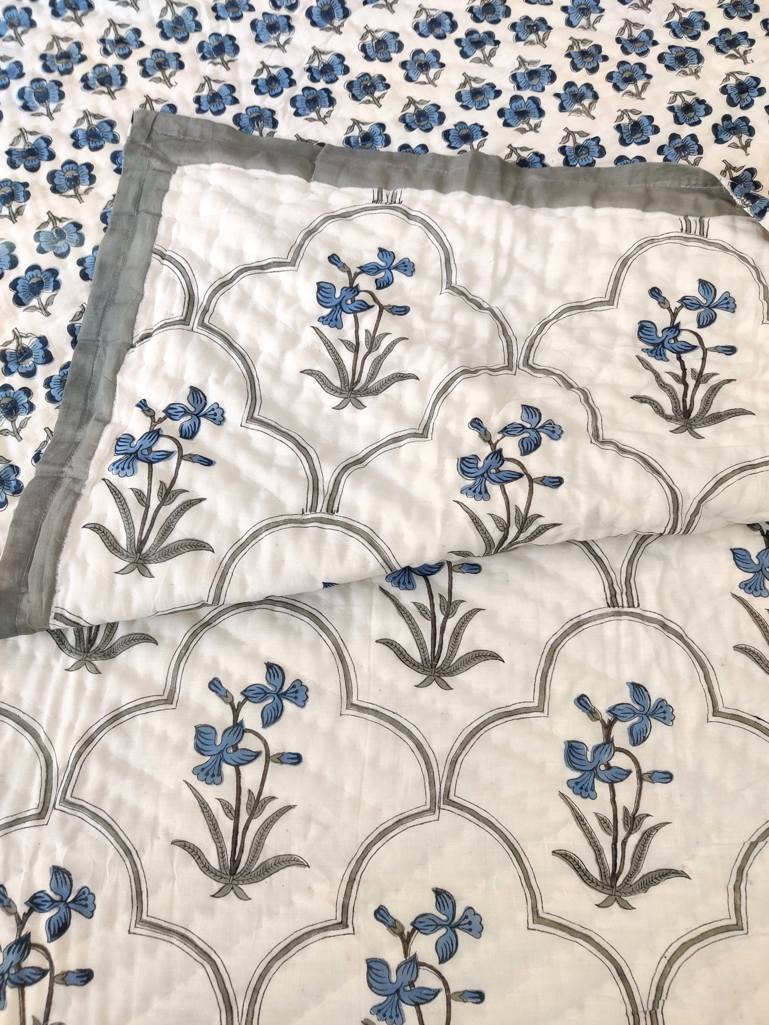 Hand Block Print Mulmul Quilt - Blue Blossom Jaal Soft Jaipuri Razai Double