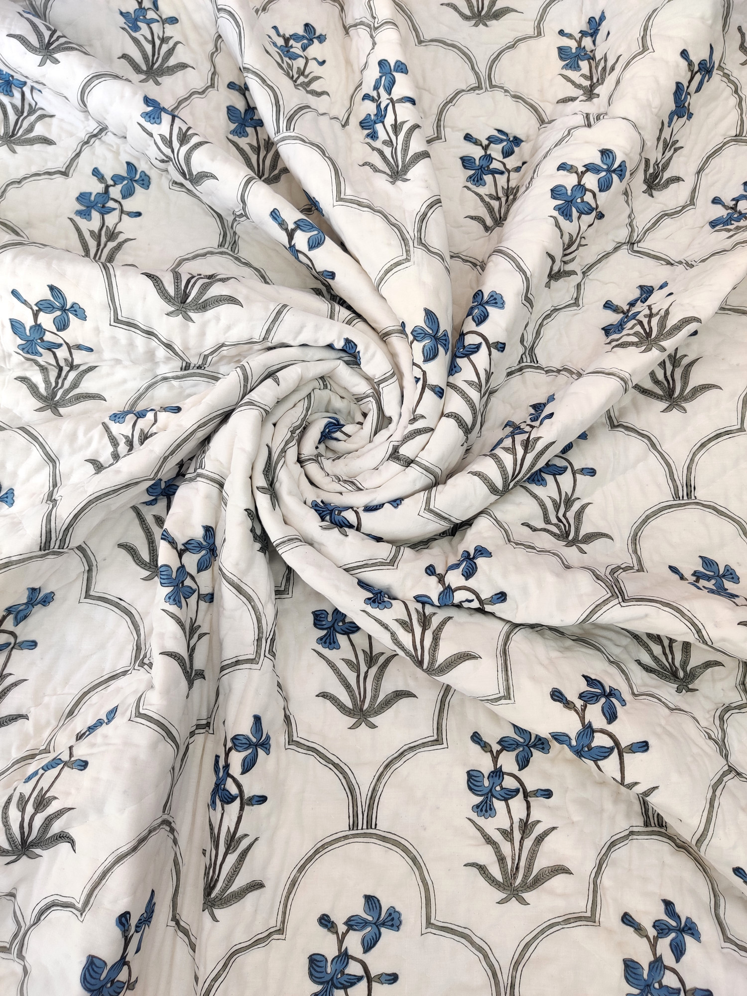 Hand Block Print Mulmul Quilt - Blue Blossom Jaal Soft Jaipuri Razai Double