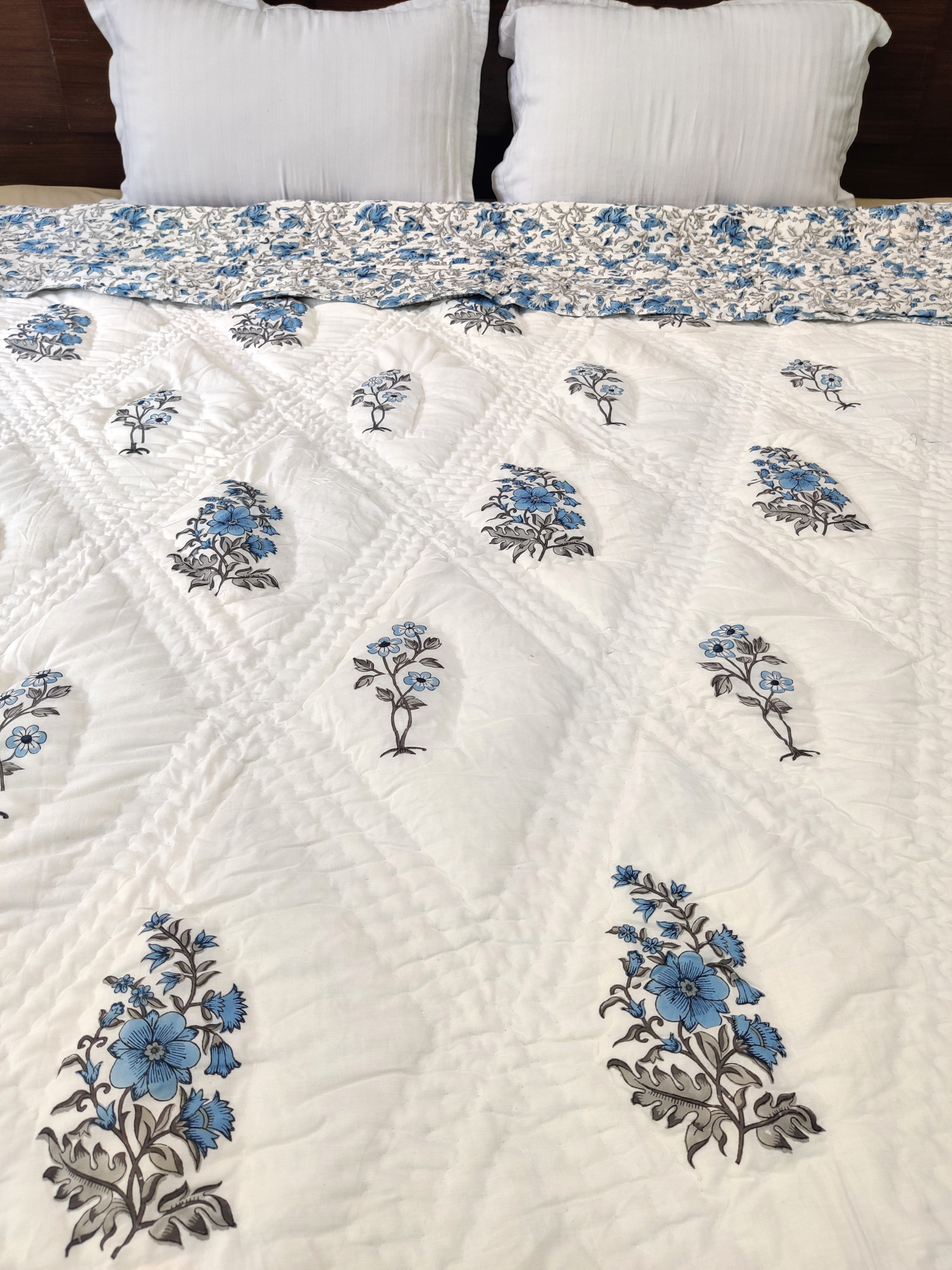 Hand Block Print Mulmul Quilt - Blue Floral Soft Jaipuri Razai Double