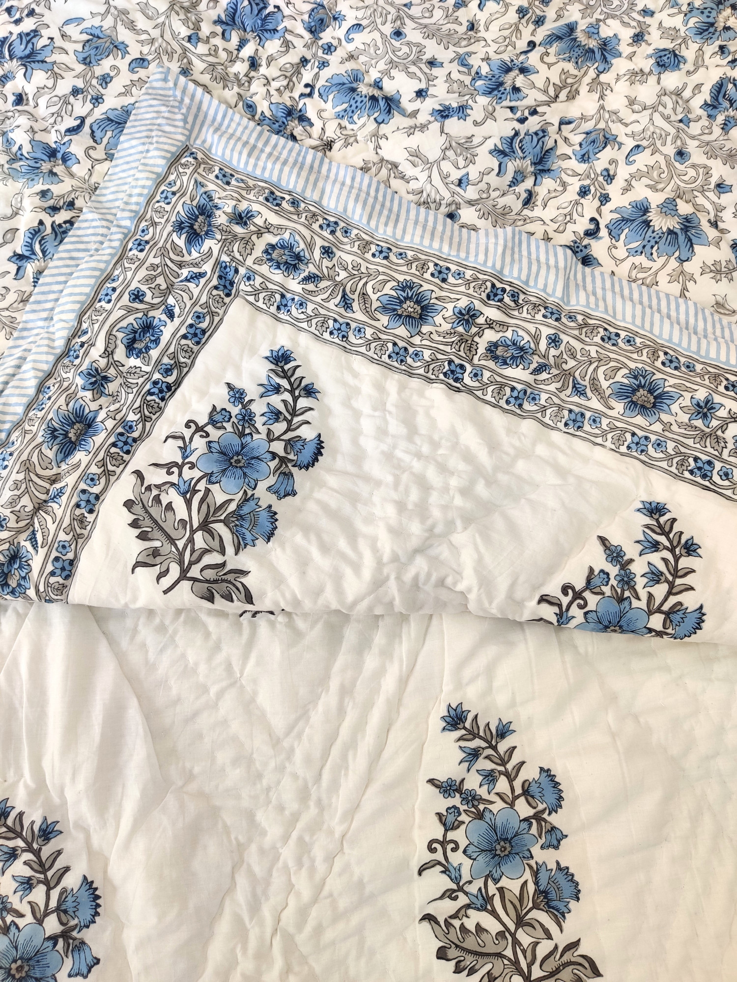 Hand Block Print Mulmul Quilt - Blue Floral Soft Jaipuri Razai Double