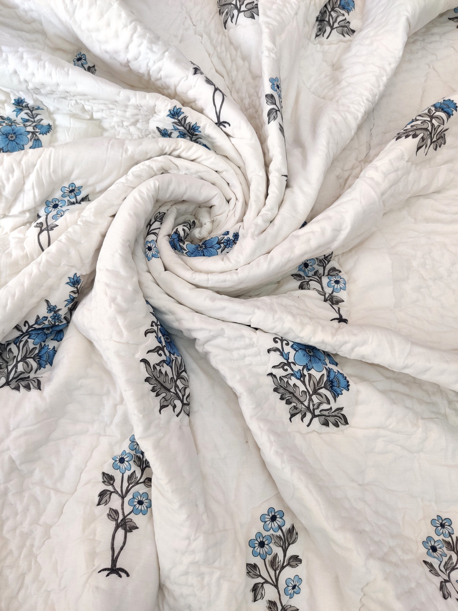 Hand Block Print Mulmul Quilt - Blue Floral Soft Jaipuri Razai Double