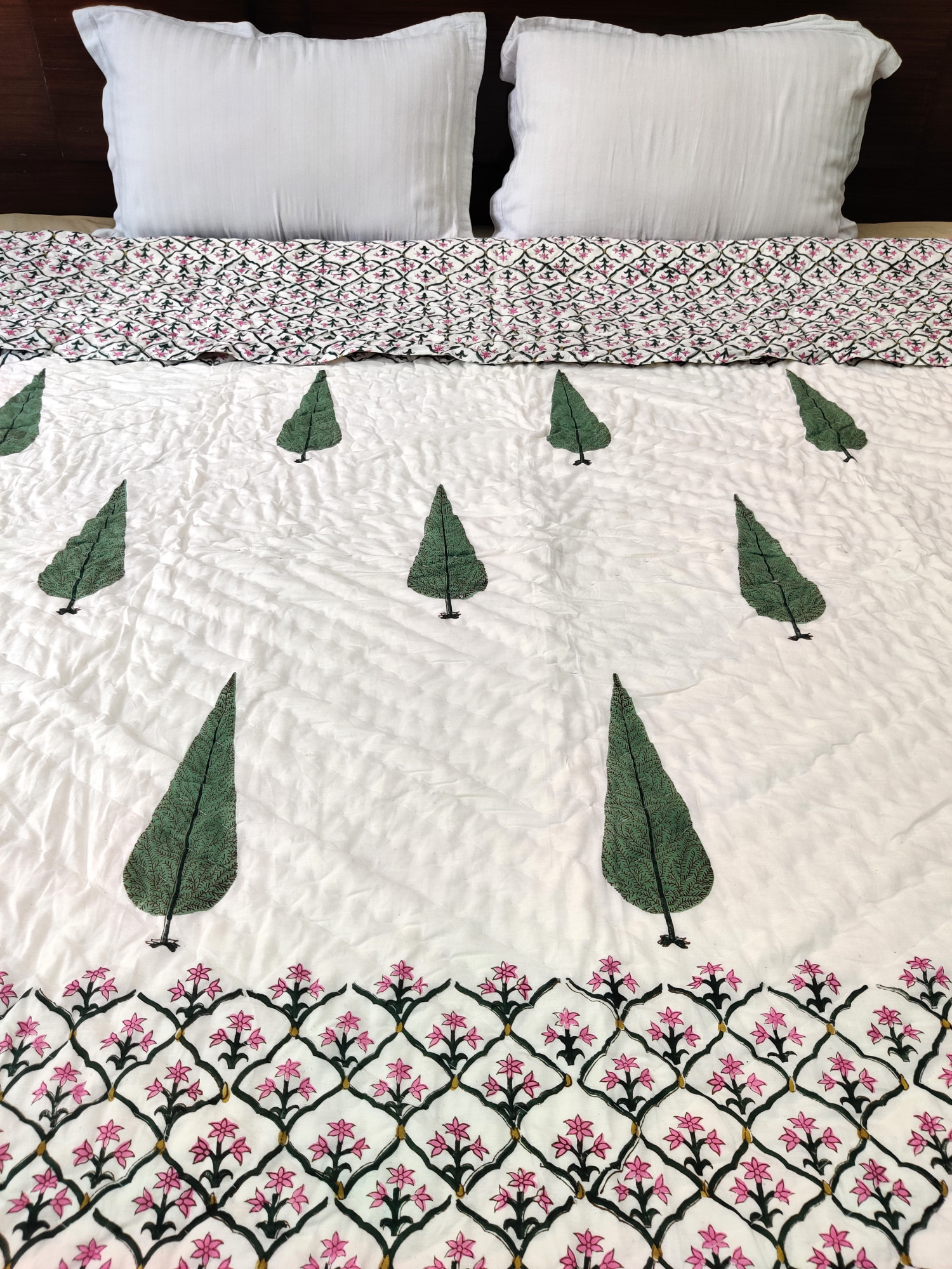 Hand Block Print Mulmul Quilt - Fern Jaal Soft Jaipuri Razai Double