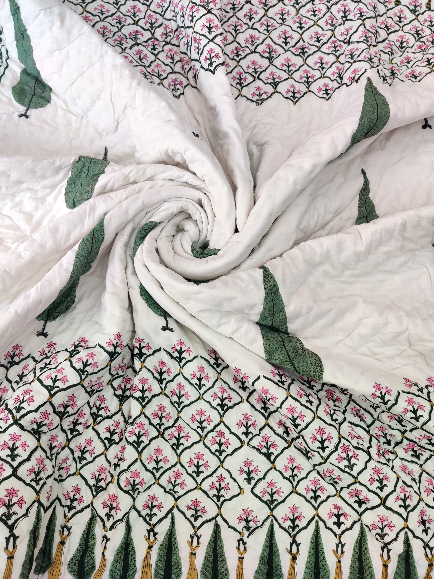 Hand Block Print Mulmul Quilt - Fern Jaal Soft Jaipuri Razai Double