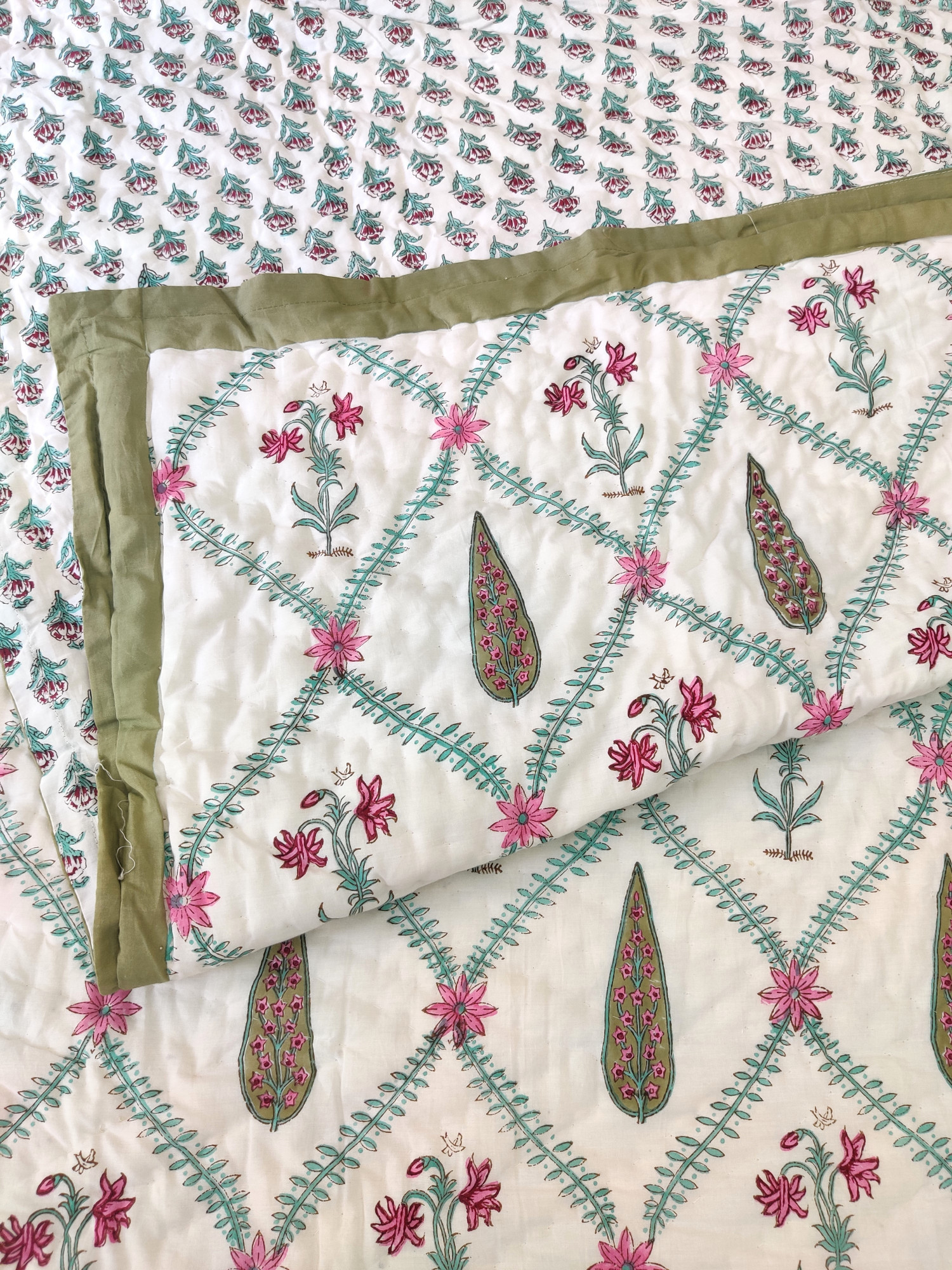 Hand Block Print Mulmul Quilt - Multicolored Jaal Soft Jaipuri Razai Double