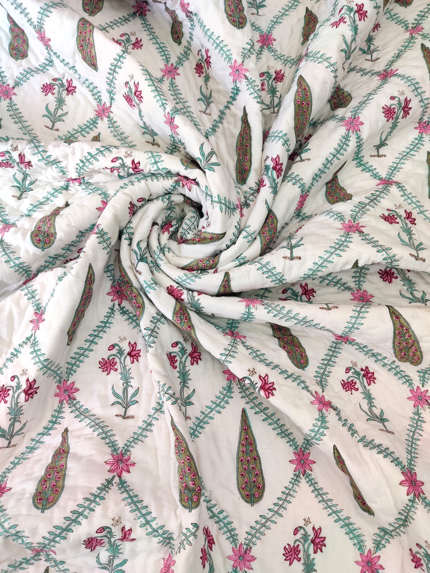 Hand Block Print Mulmul Quilt - Multicolored Jaal Soft Jaipuri Razai Double