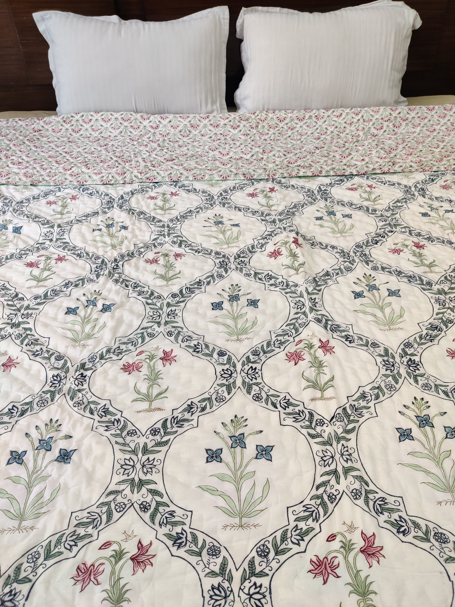 Hand Block Print Mulmul Quilt - Multi Jaal Soft Jaipuri Razai Double