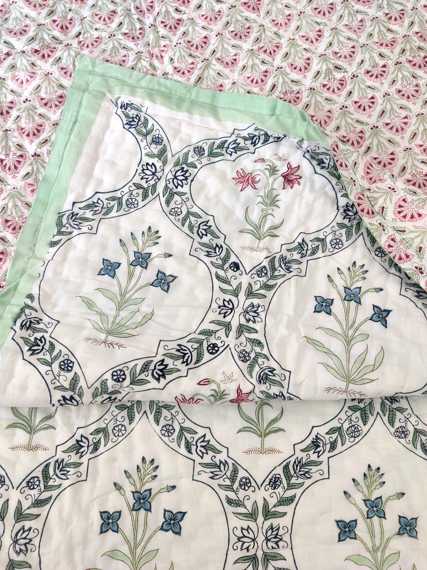 Hand Block Print Mulmul Quilt - Multi Jaal Soft Jaipuri Razai Double