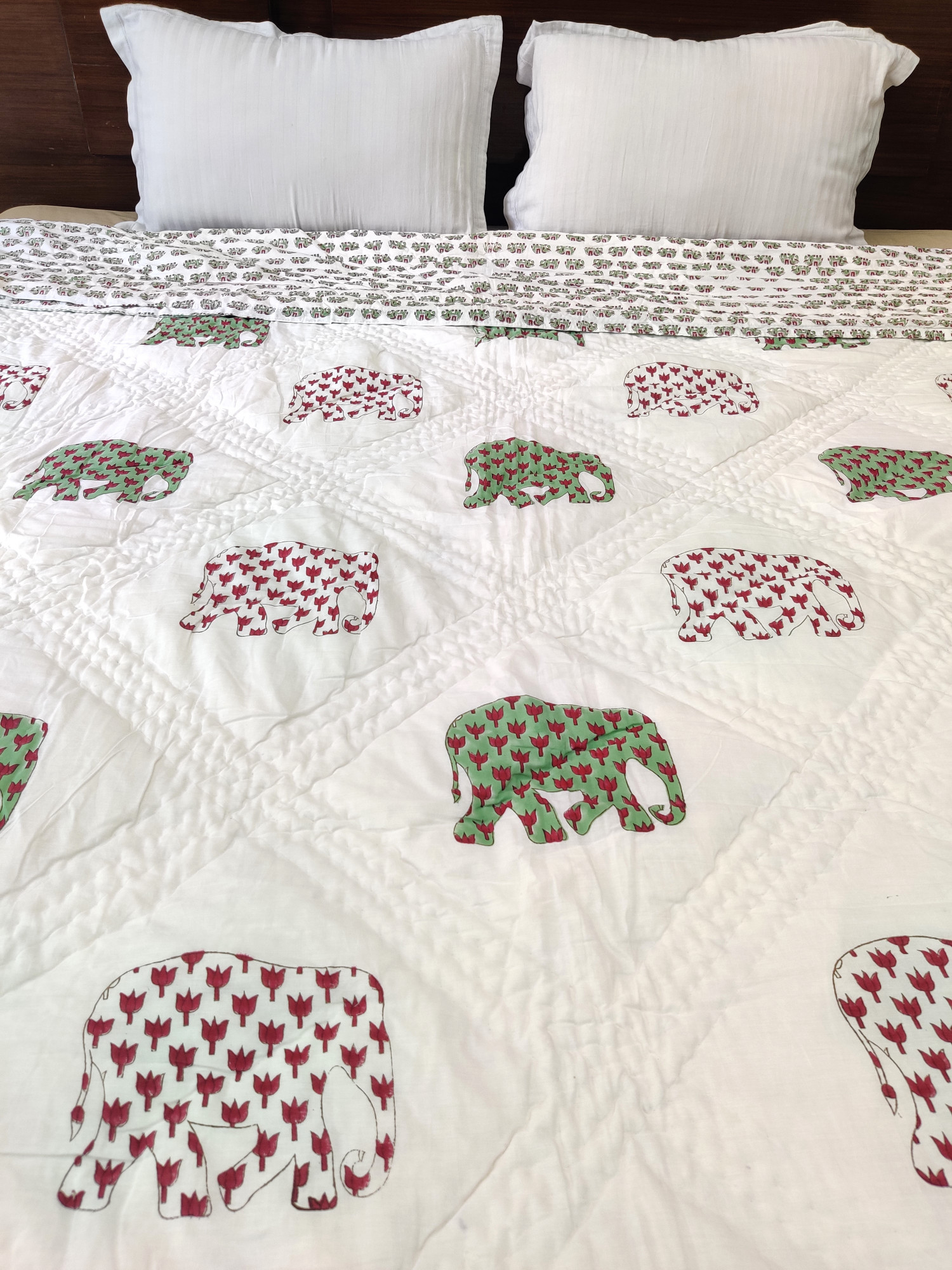 Hand Block Print Mulmul Quilt - Double Coloured Haathi Soft Jaipuri Razai Double