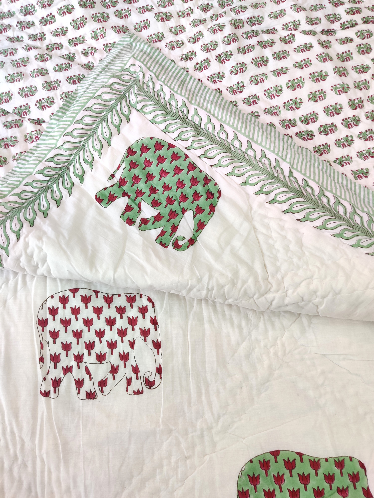 Hand Block Print Mulmul Quilt - Double Coloured Haathi Soft Jaipuri Razai Double