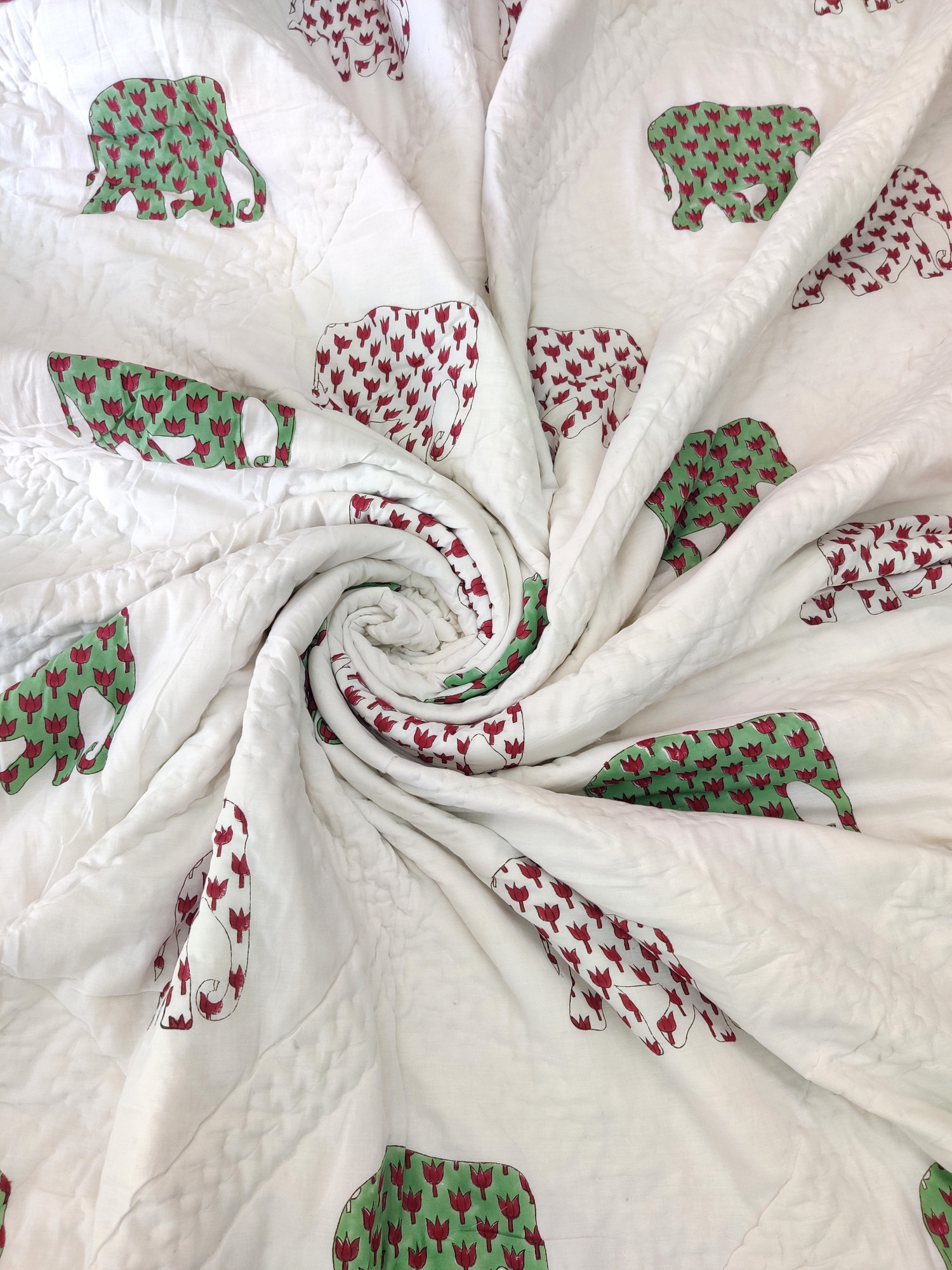 Hand Block Print Mulmul Quilt - Double Coloured Haathi Soft Jaipuri Razai Double