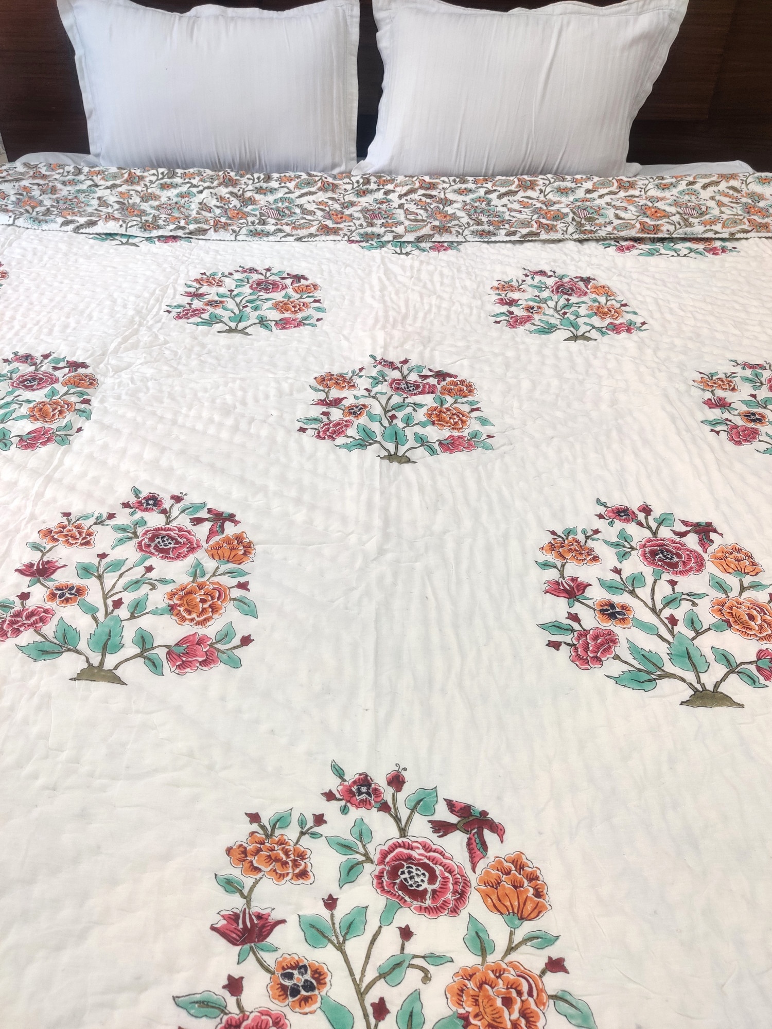 Hand Block Print Mulmul Quilt - Multicoloured Mughal Soft Jaipuri Razai Double