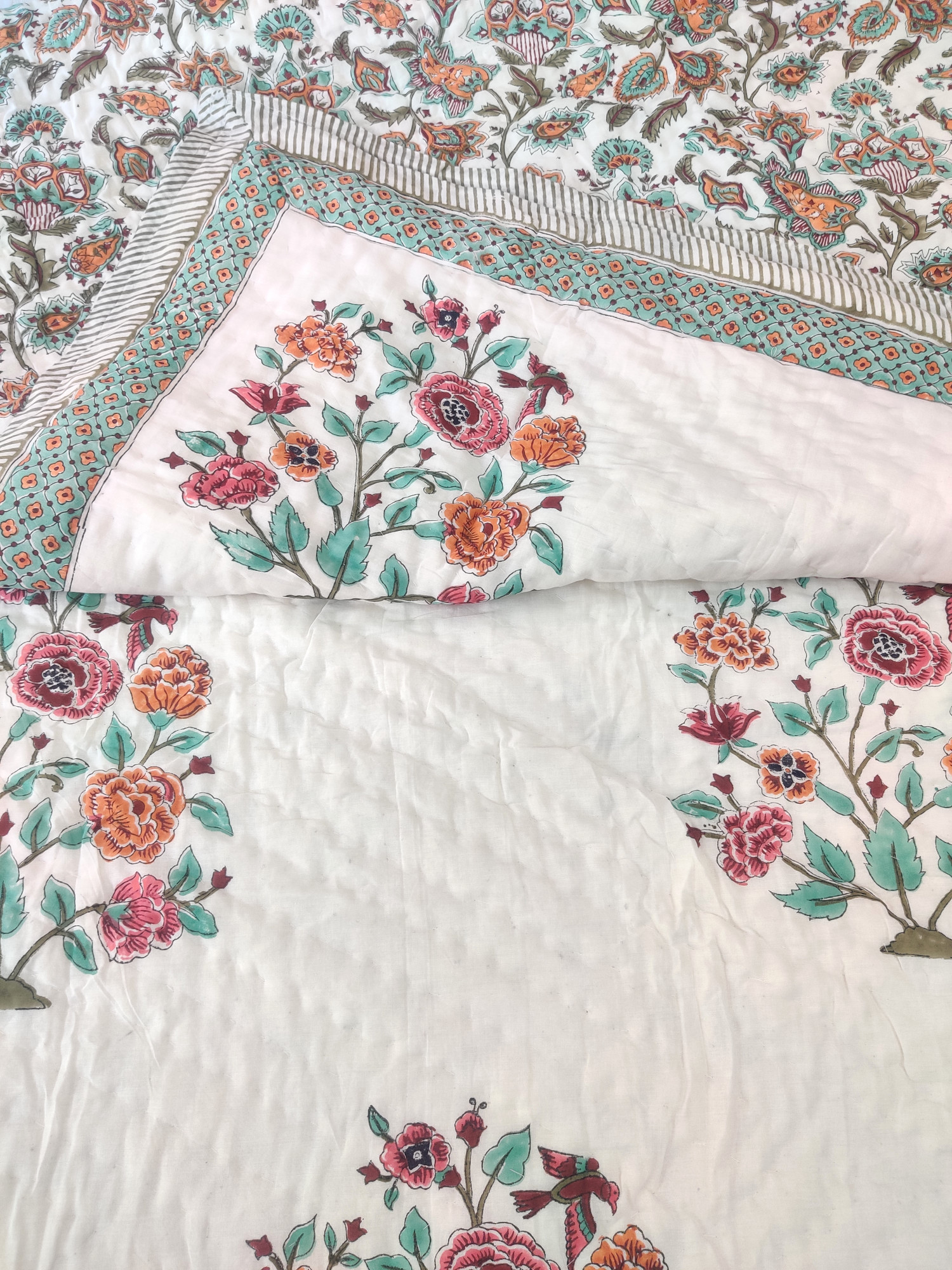 Hand Block Print Mulmul Quilt - Multicoloured Mughal Soft Jaipuri Razai Double