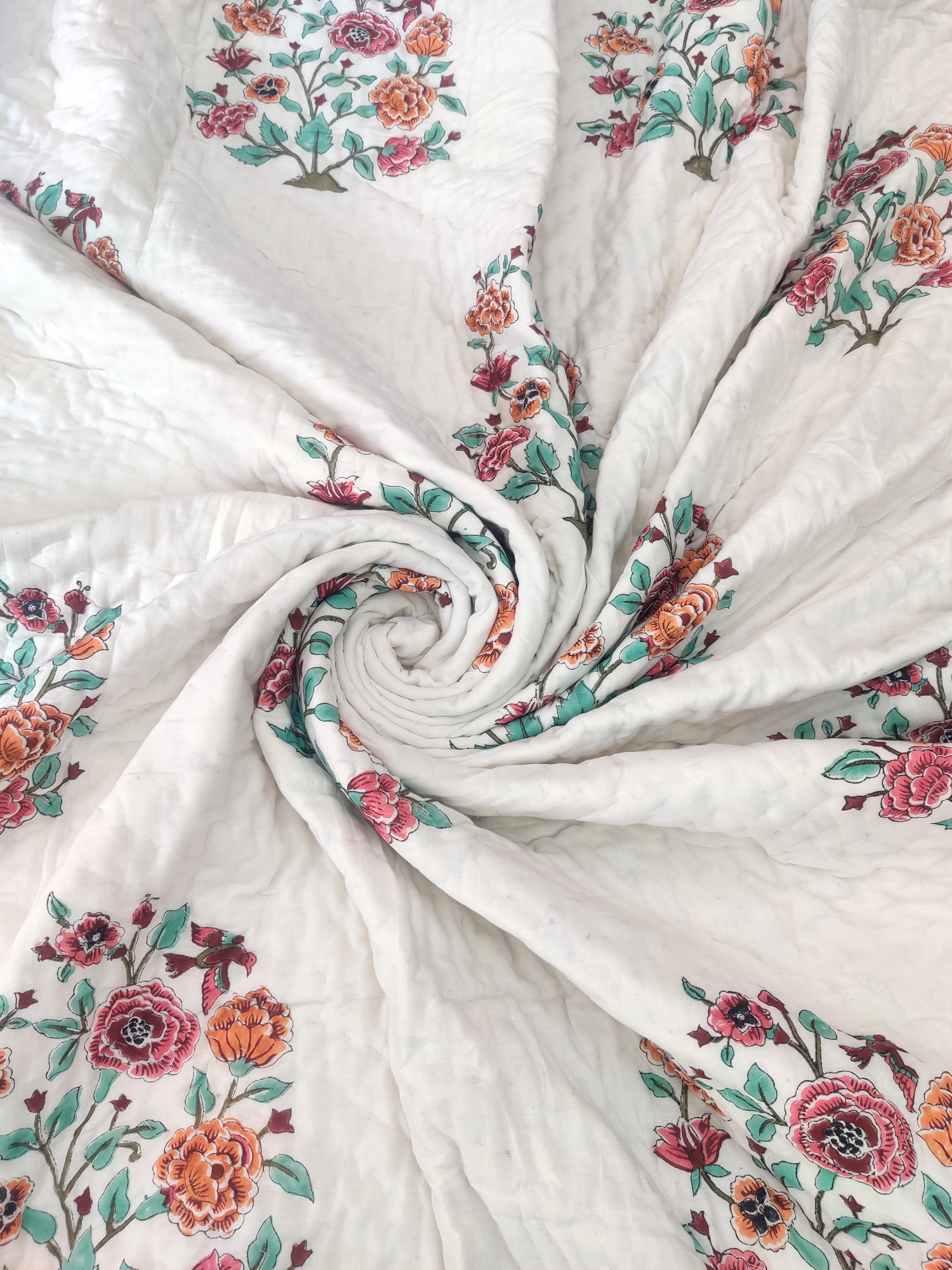 Hand Block Print Mulmul Quilt - Multicoloured Mughal Soft Jaipuri Razai Double
