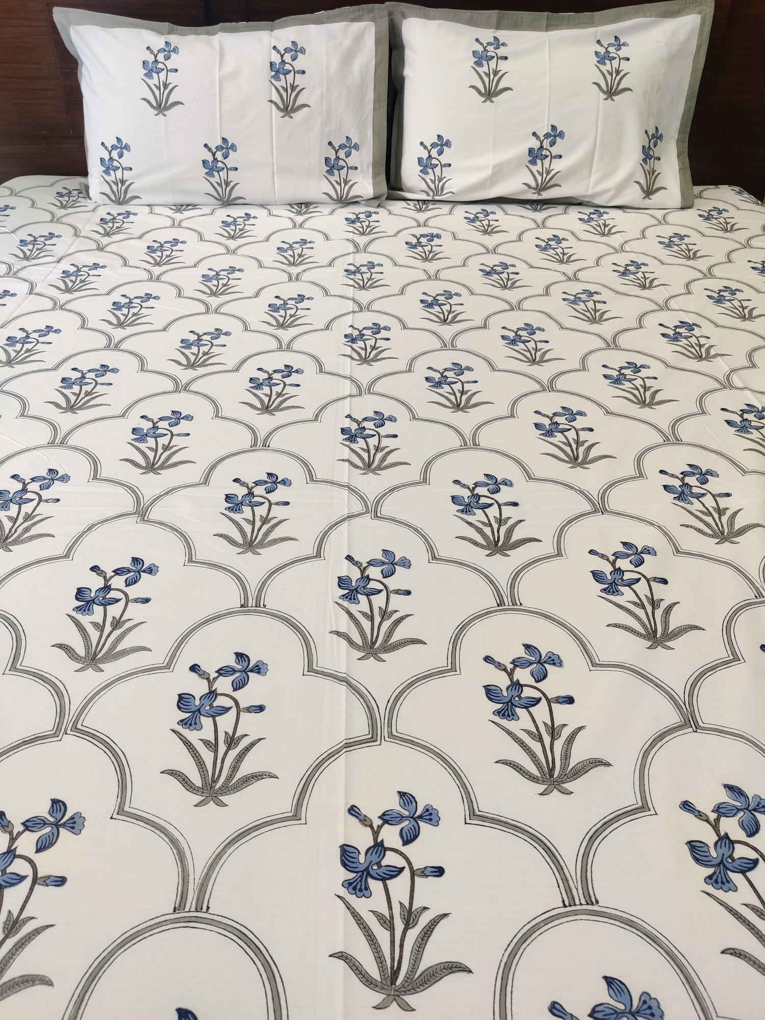 Jaipuri Block Print Bedsheet - Blue Blossom Jaal Hand Block Print Cotton Double