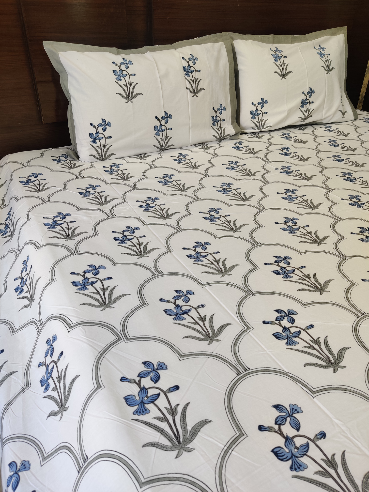 Jaipuri Block Print Bedsheet - Blue Blossom Jaal Hand Block Print Cotton Double
