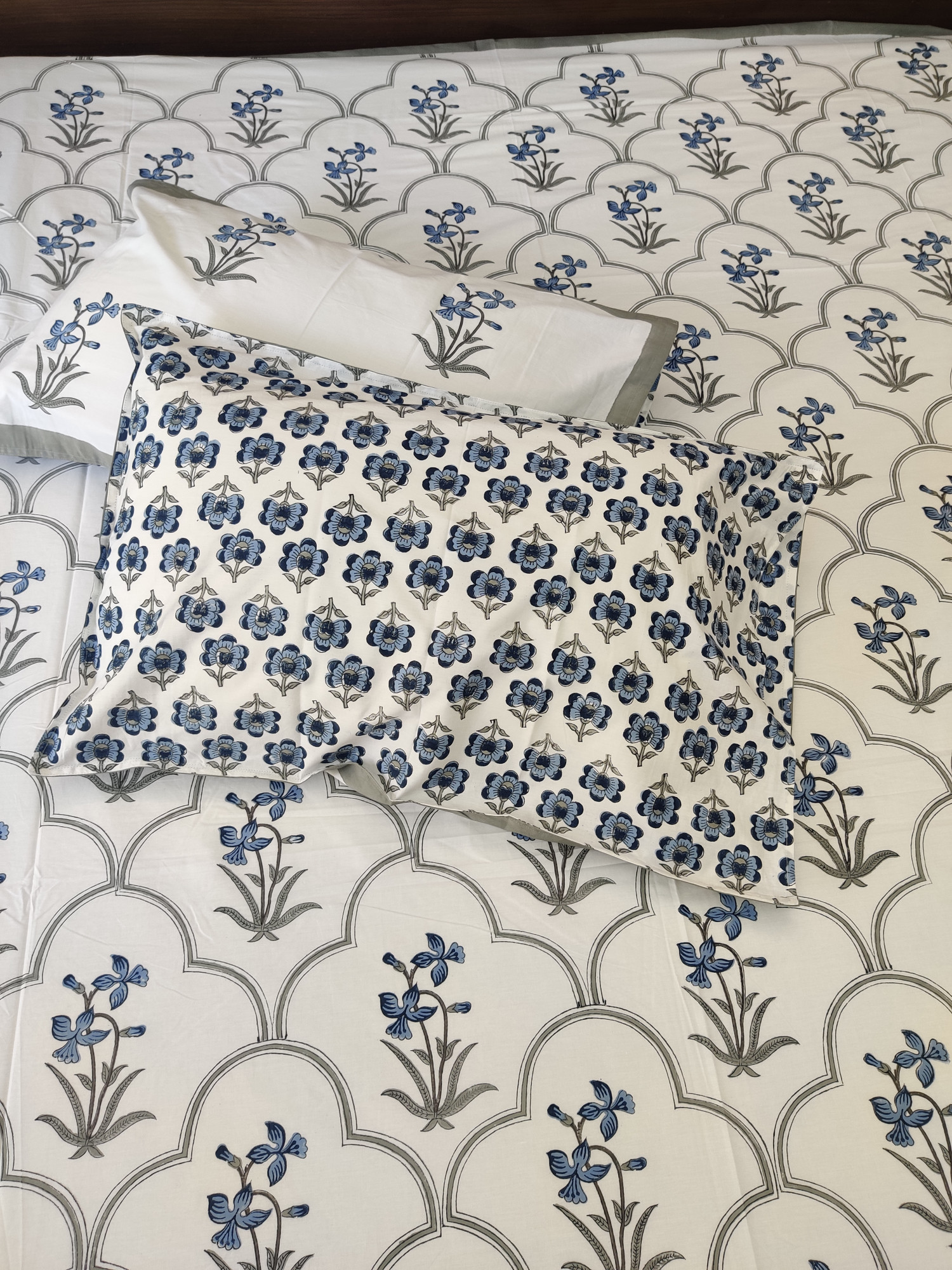 Jaipuri Block Print Bedsheet - Blue Blossom Jaal Hand Block Print Cotton Double
