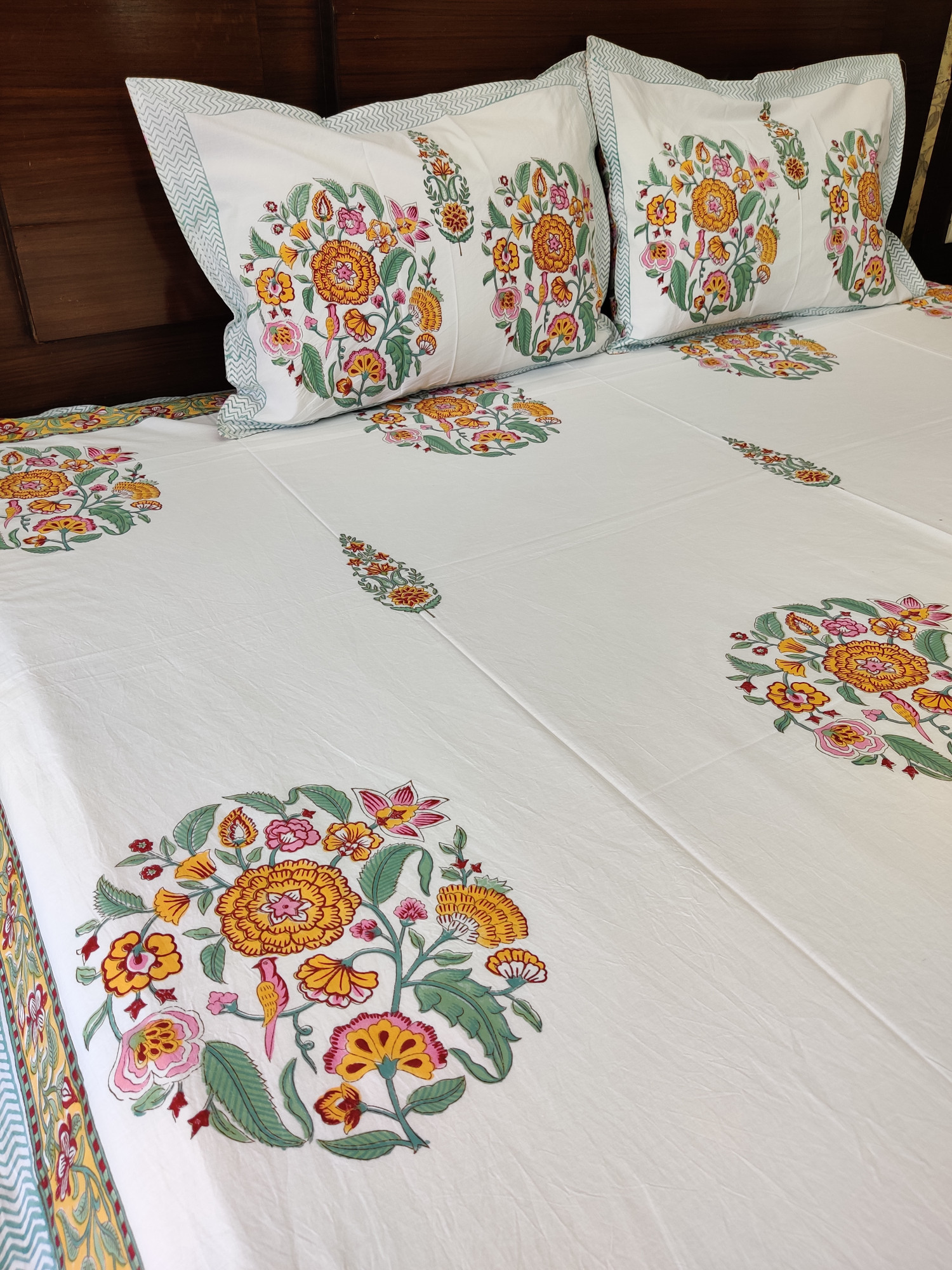 Jaipuri Block Print Bedsheet - Yellow Mughal Hand Block Print Cotton King Size