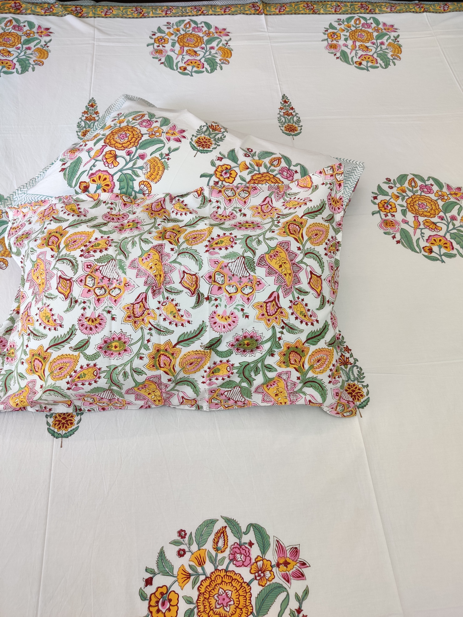 Jaipuri Block Print Bedsheet - Yellow Mughal Hand Block Print Cotton King Size