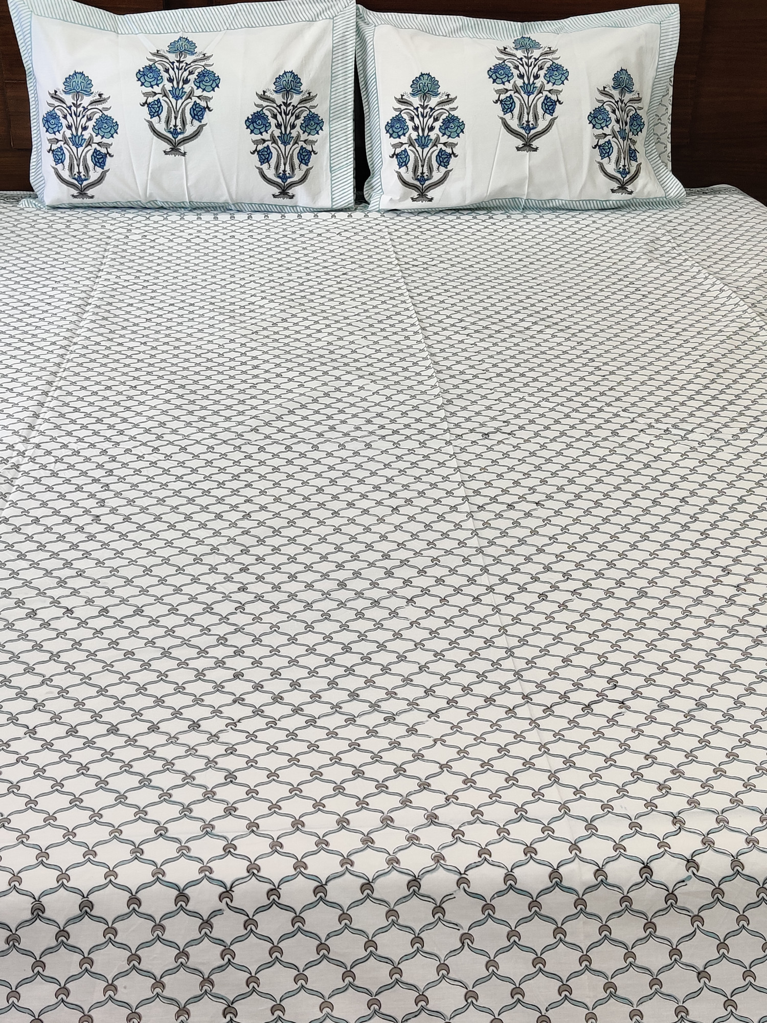 Jaipuri Block Print Bedsheet - Grey Jaal Hand Block Print Cotton Double