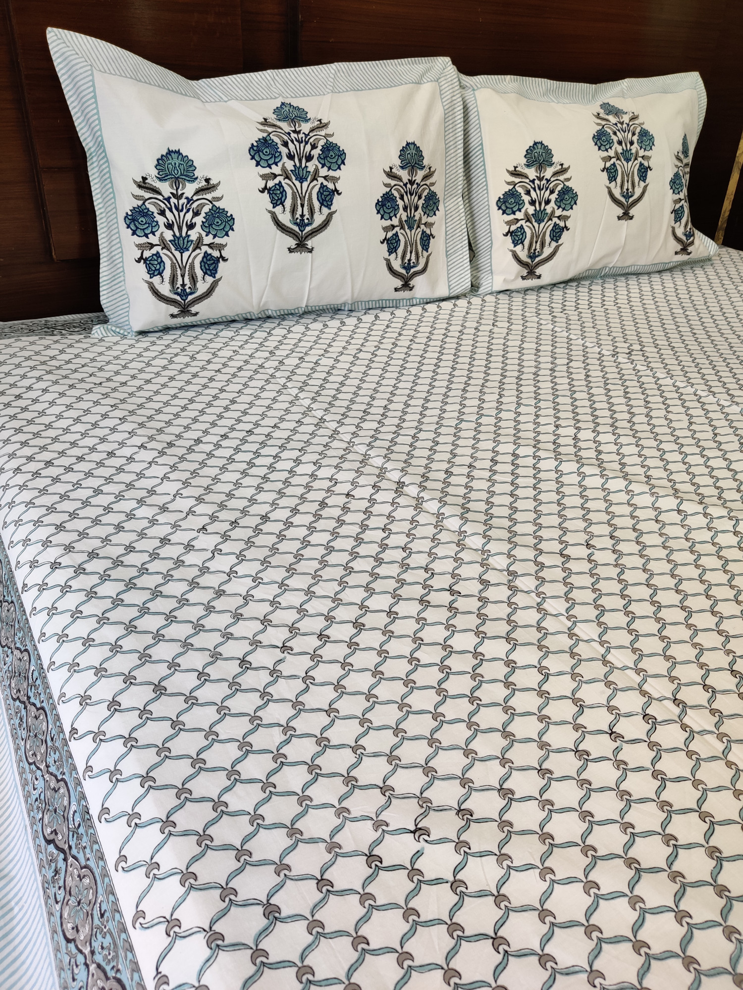 Jaipuri Block Print Bedsheet - Grey Jaal Hand Block Print Cotton Double
