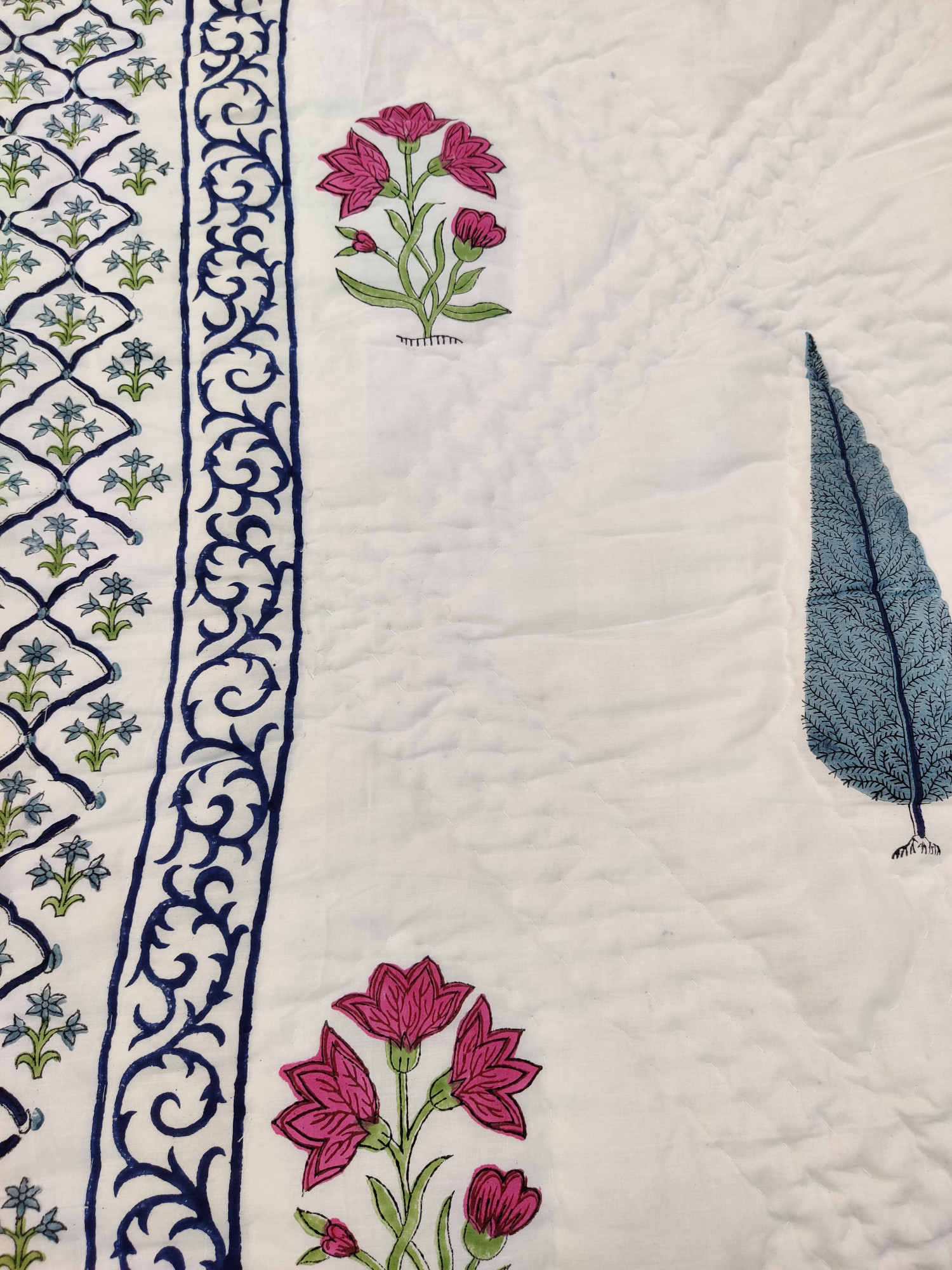 Hand Block Print Mulmul Quilt - Multi Boota Soft Jaipuri Razai Double