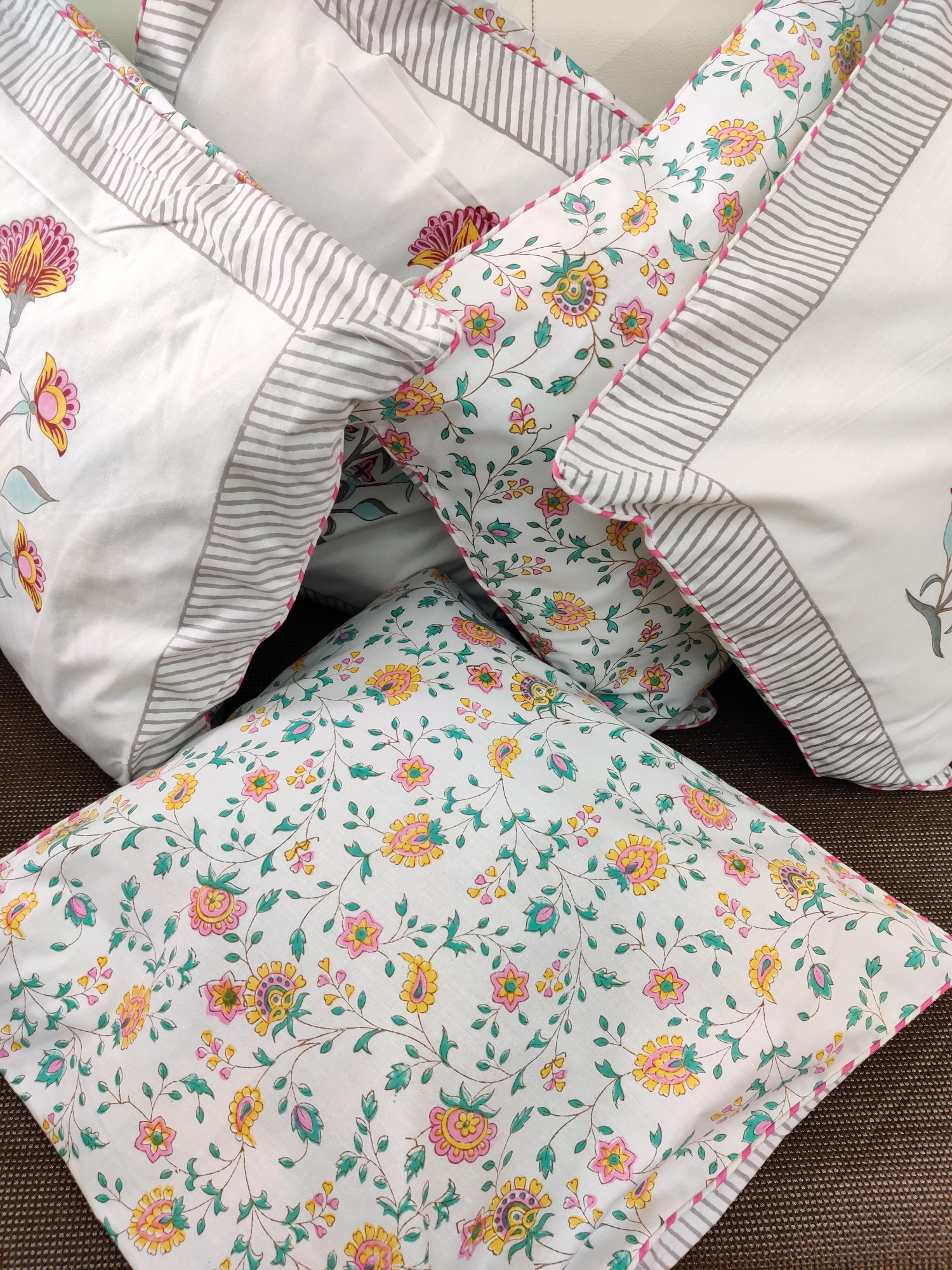 Block Print Cushion Cover - Malabar Bloomer Hand Block Print Premium Cotton 16x16 Pack of 5