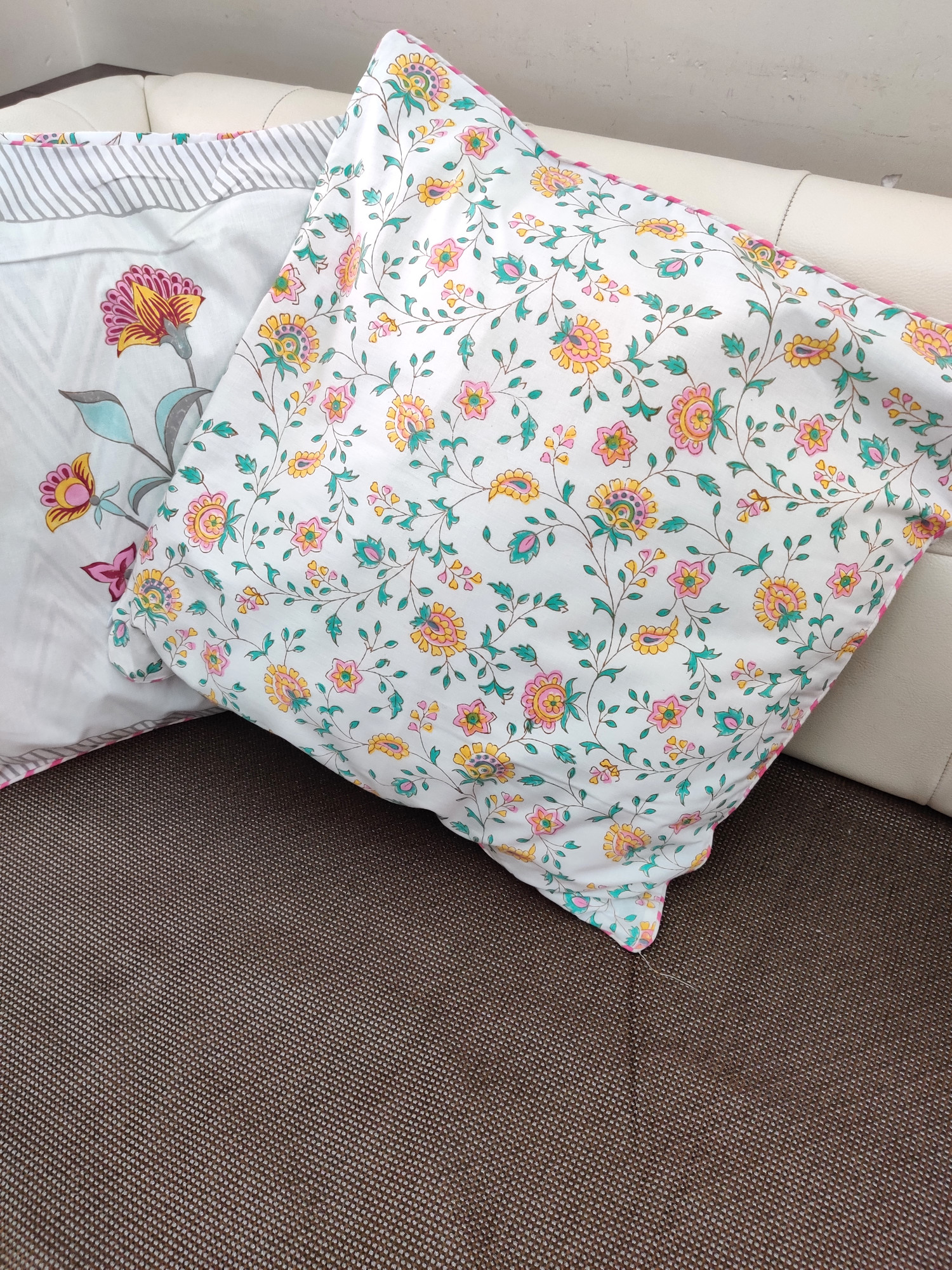 Block Print Cushion Cover - Malabar Bloomer Hand Block Print Premium Cotton 16x16 Pack of 5