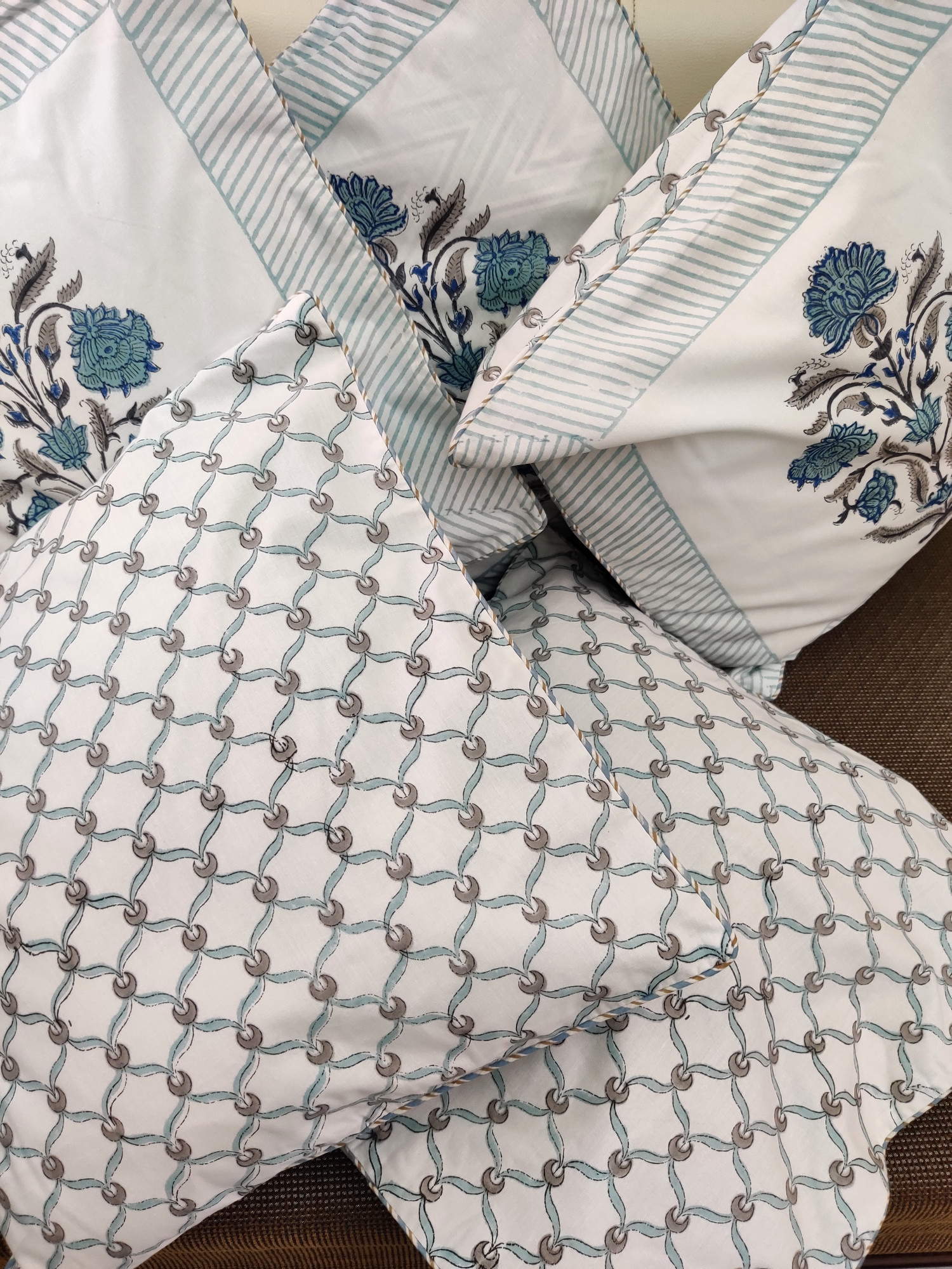 Block Print Cushion Cover - Dark Blue Bloomer Hand Block Print Premium Cotton 16x16 Pack of 5