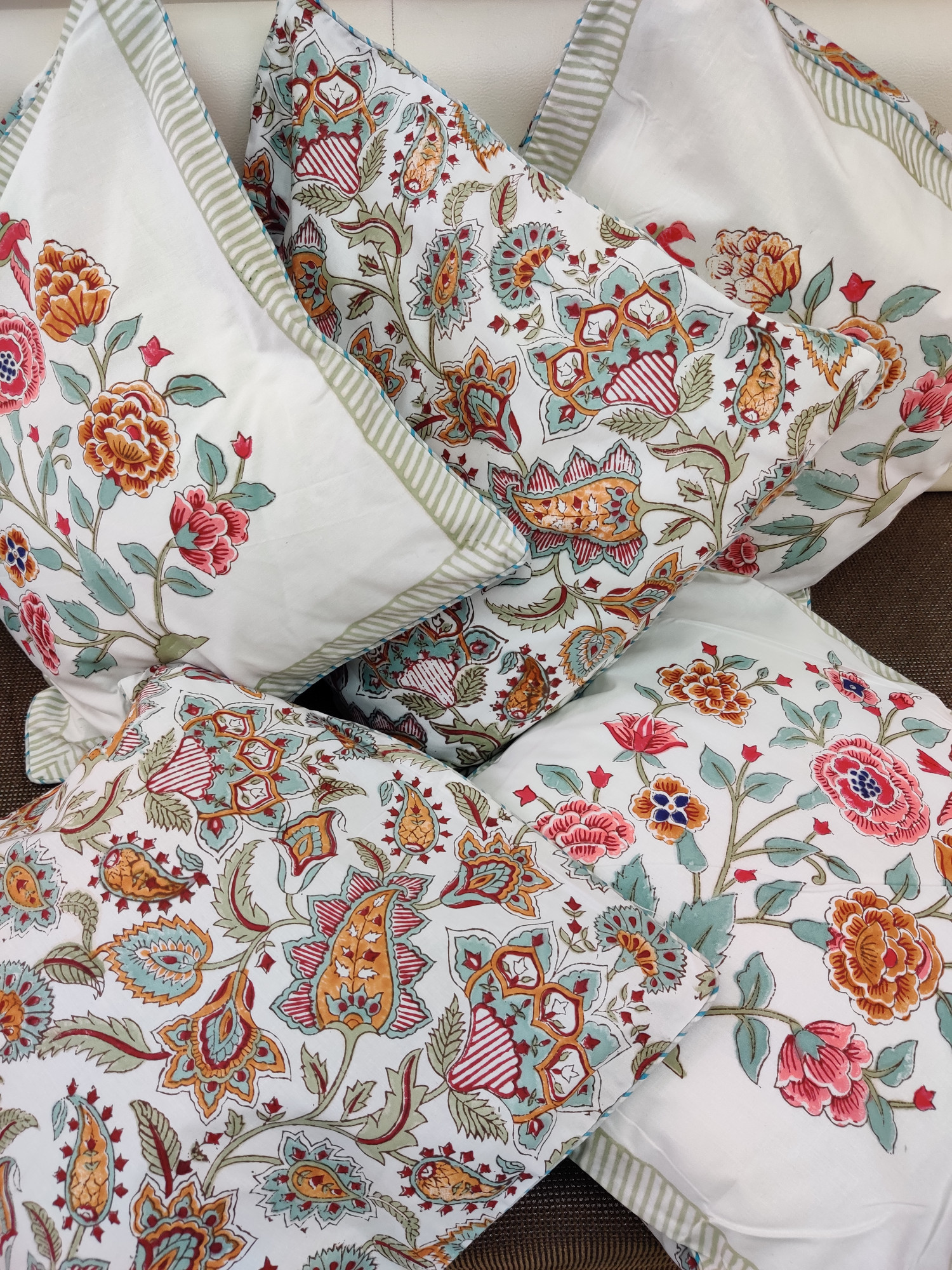 Block Print Cushion Cover - Multicoloured Mughal Hand Block Print Premium Cotton 16x16 Pack of 5