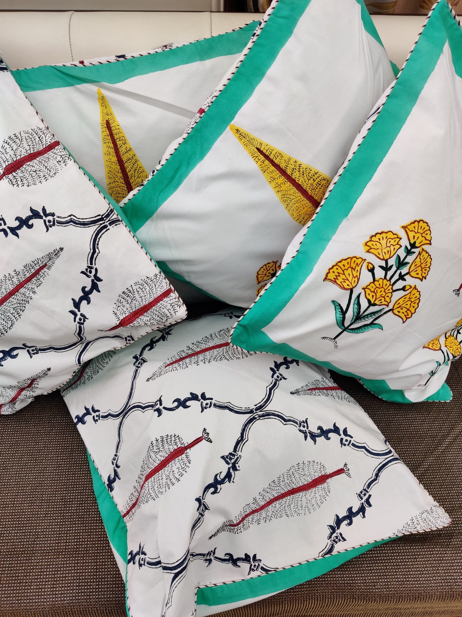 Block Print Cushion Cover - Yellow Fern Jaal Hand Block Print Cotton 16x16 Pack of 5