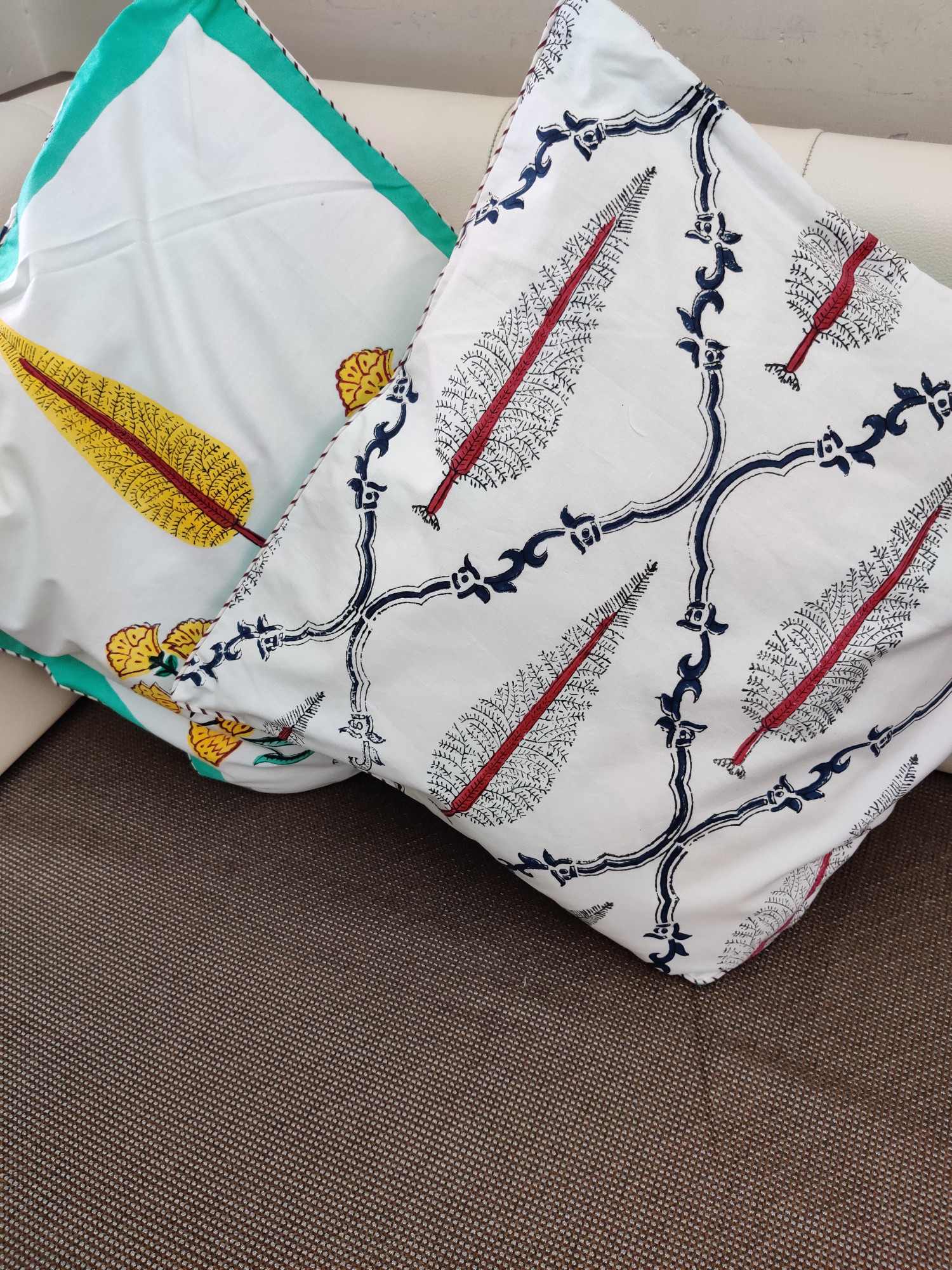 Block Print Cushion Cover - Yellow Fern Jaal Hand Block Print Cotton 16x16 Pack of 5