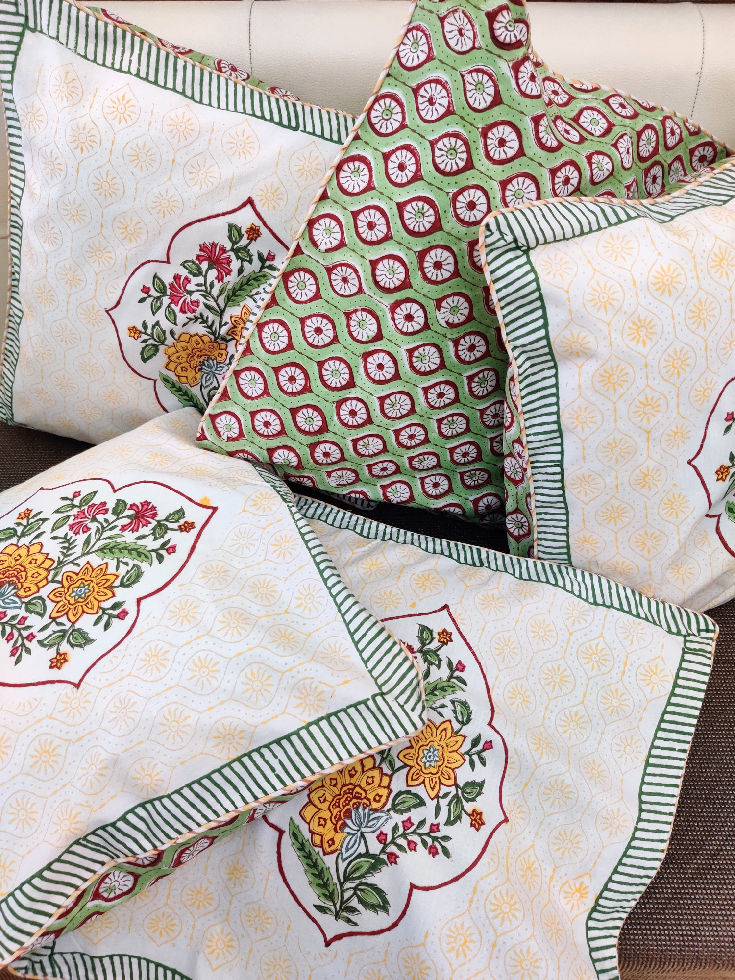 Block Print Cushion Cover - Yellow Jaal Hand Block Print Premium Cotton 16x16 Pack of 5