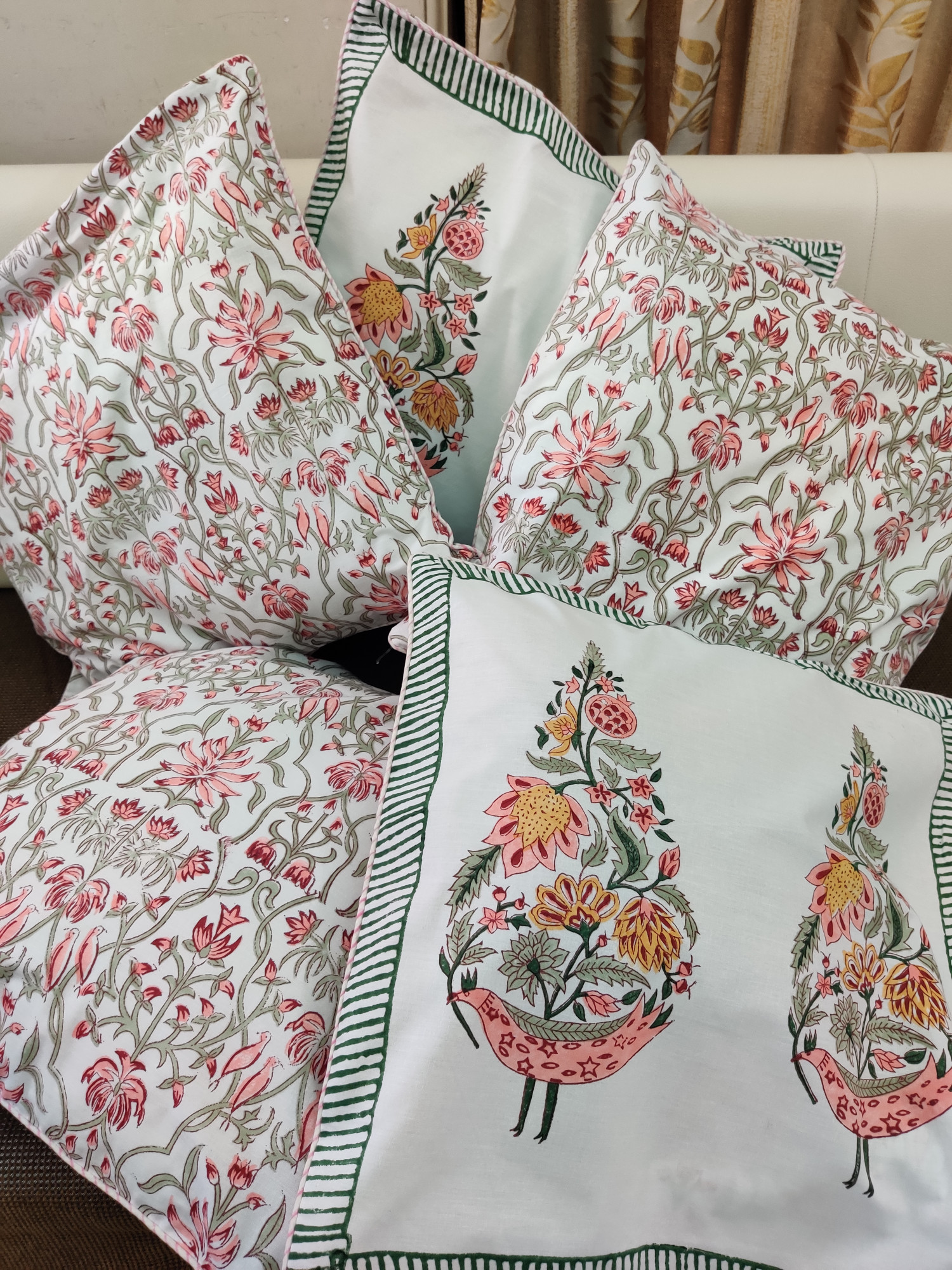 Block Print Cushion Cover - Grey Feather Hand Block Print Cotton 16x16 Pack of 5