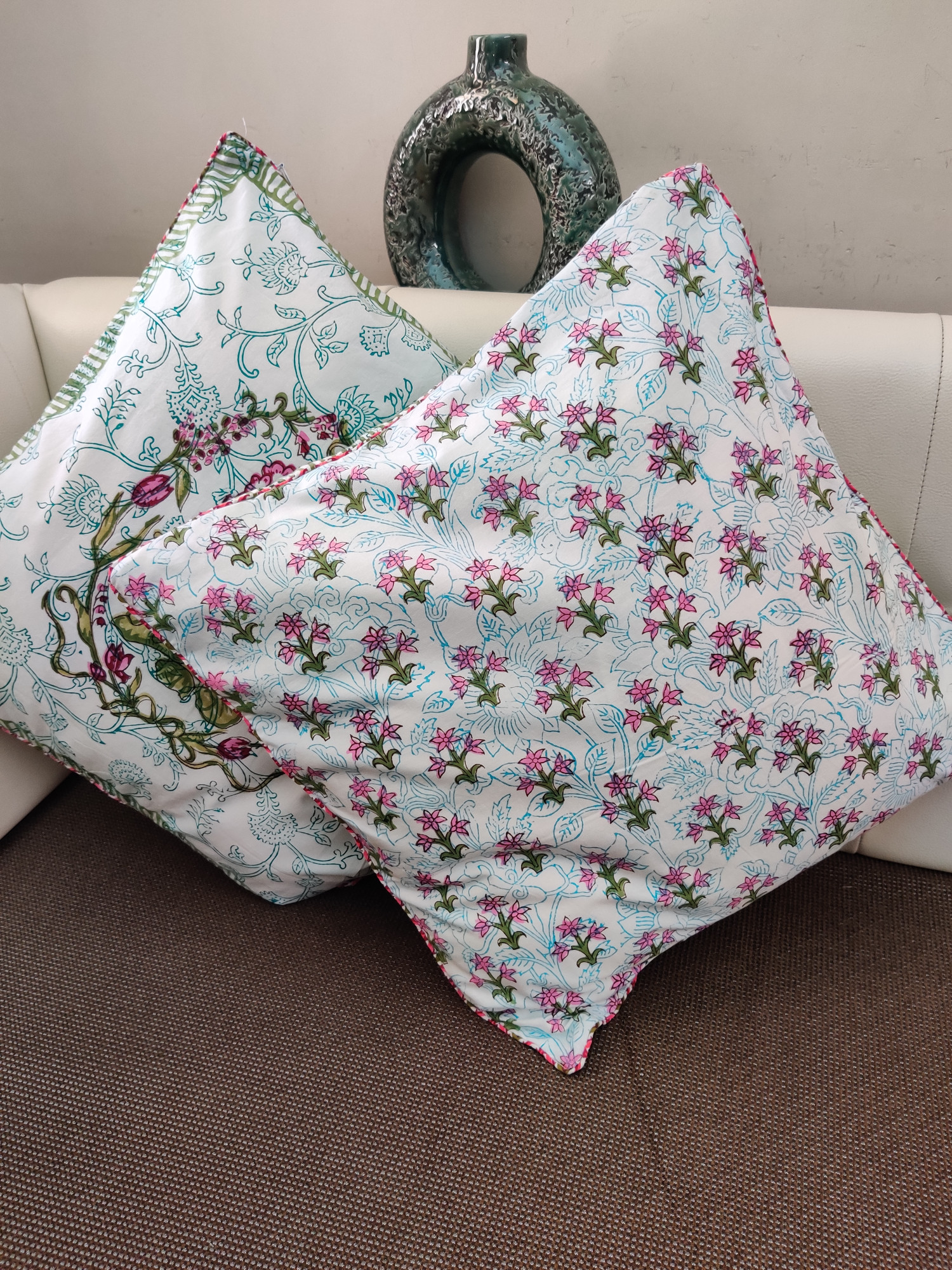 Block Print Cushion Cover - Aqua Pink Multiblock Hand Block Print Cotton 16x16 Pack of 5