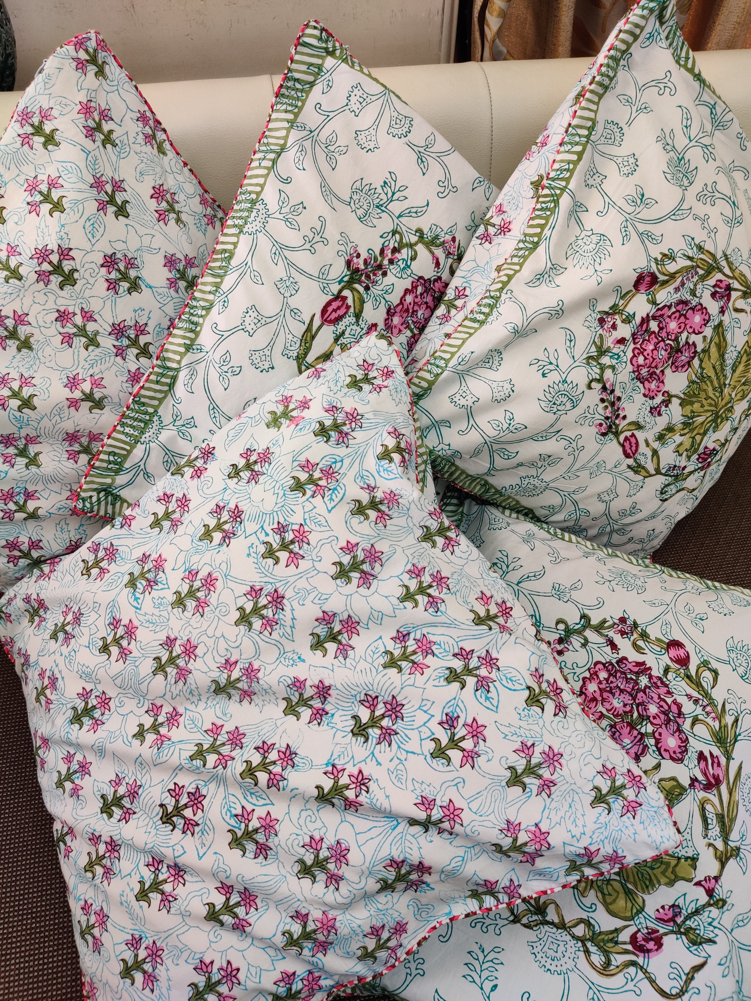 Block Print Cushion Cover - Aqua Pink Multiblock Hand Block Print Cotton 16x16 Pack of 5