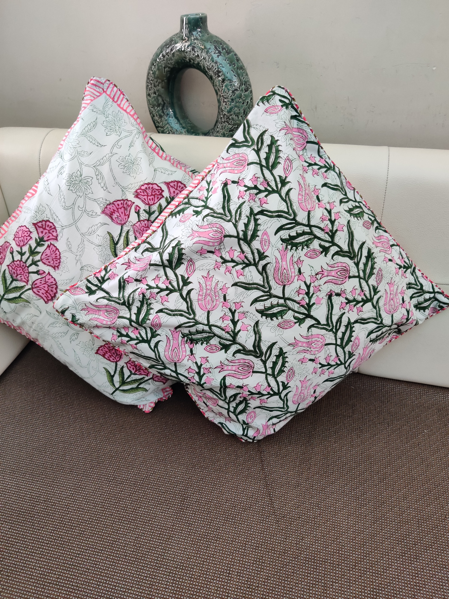 Block Print Cushion Cover - Pink Jaal Hand Block Print Premium Cotton 16x16 Pack of 5
