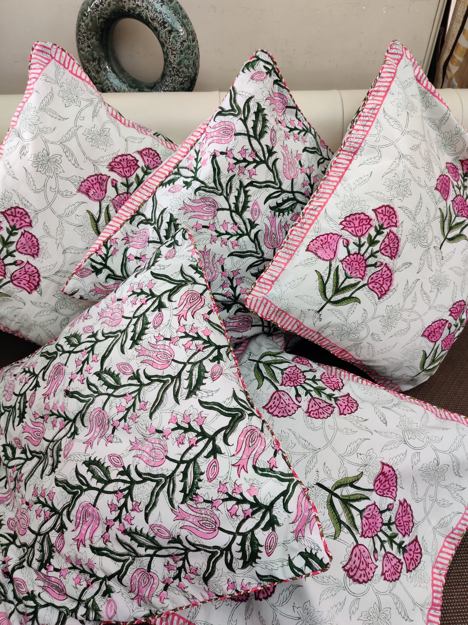 Block Print Cushion Cover - Pink Jaal Hand Block Print Premium Cotton 16x16 Pack of 5