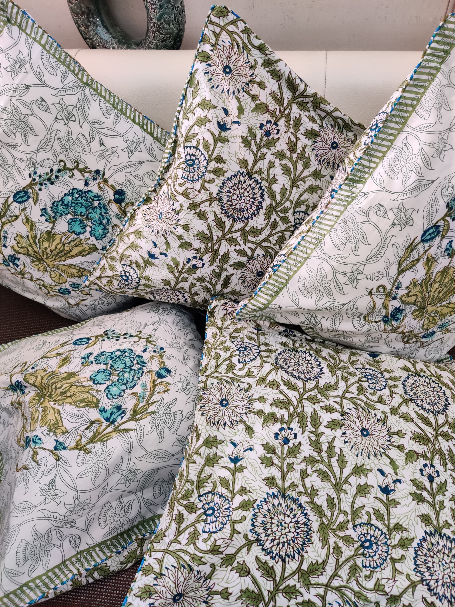Block Print Cushion Cover - Aqua Blue Multiblock Hand Block Print Cotton 16x16 Pack of 5